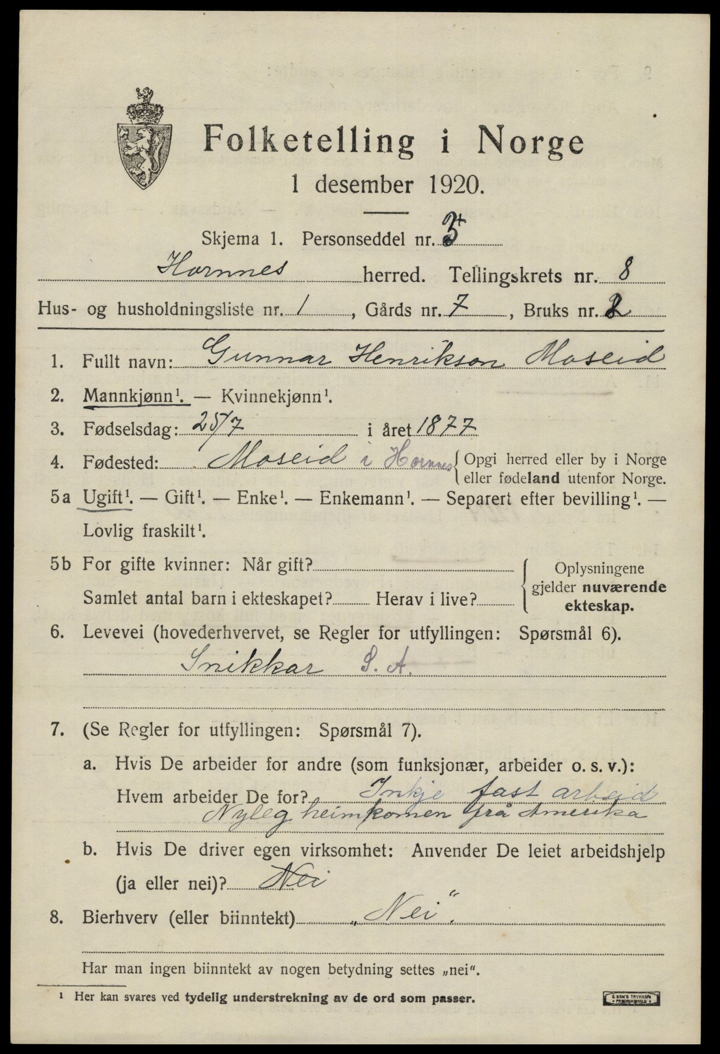 SAK, 1920 census for Hornnes, 1920, p. 1777