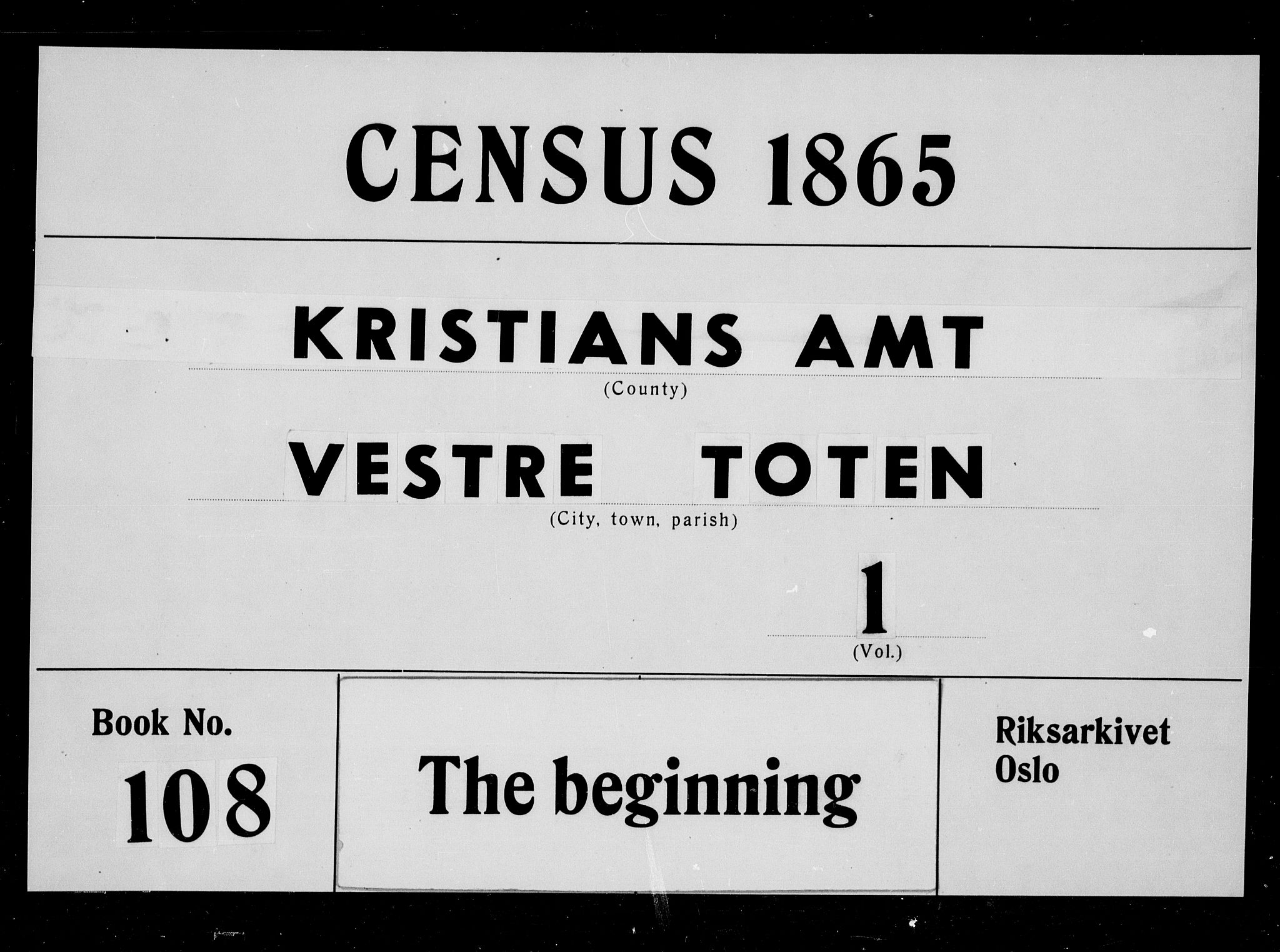 RA, 1865 census for Vestre Toten, 1865, p. 1