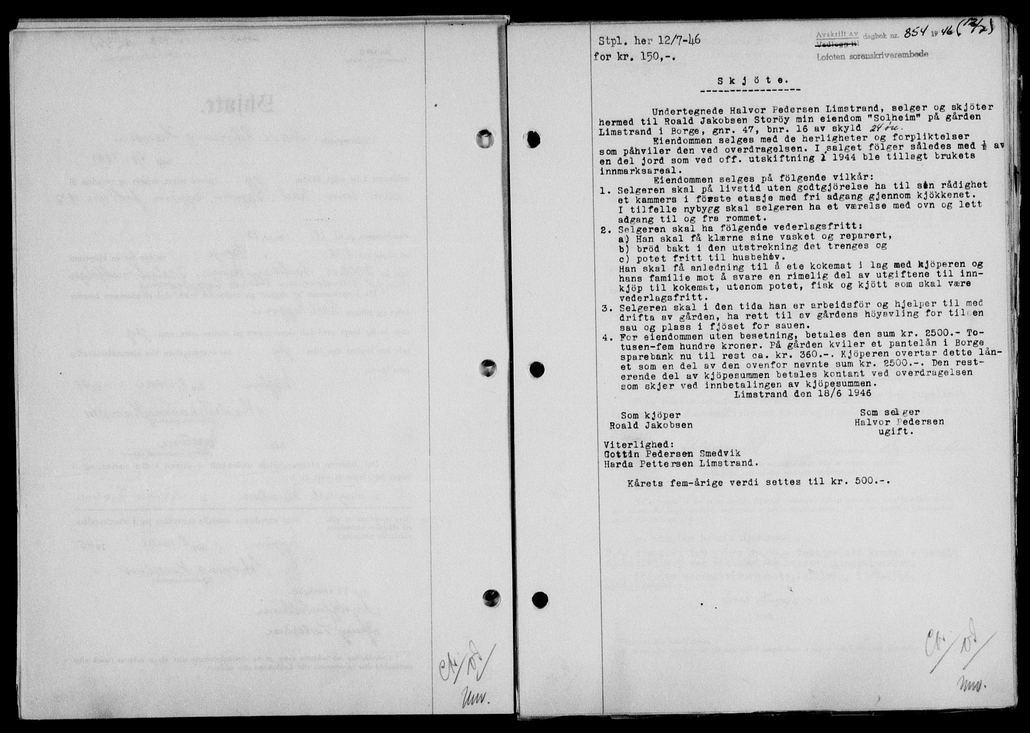 Lofoten sorenskriveri, SAT/A-0017/1/2/2C/L0014a: Mortgage book no. 14a, 1946-1946, Diary no: : 854/1946