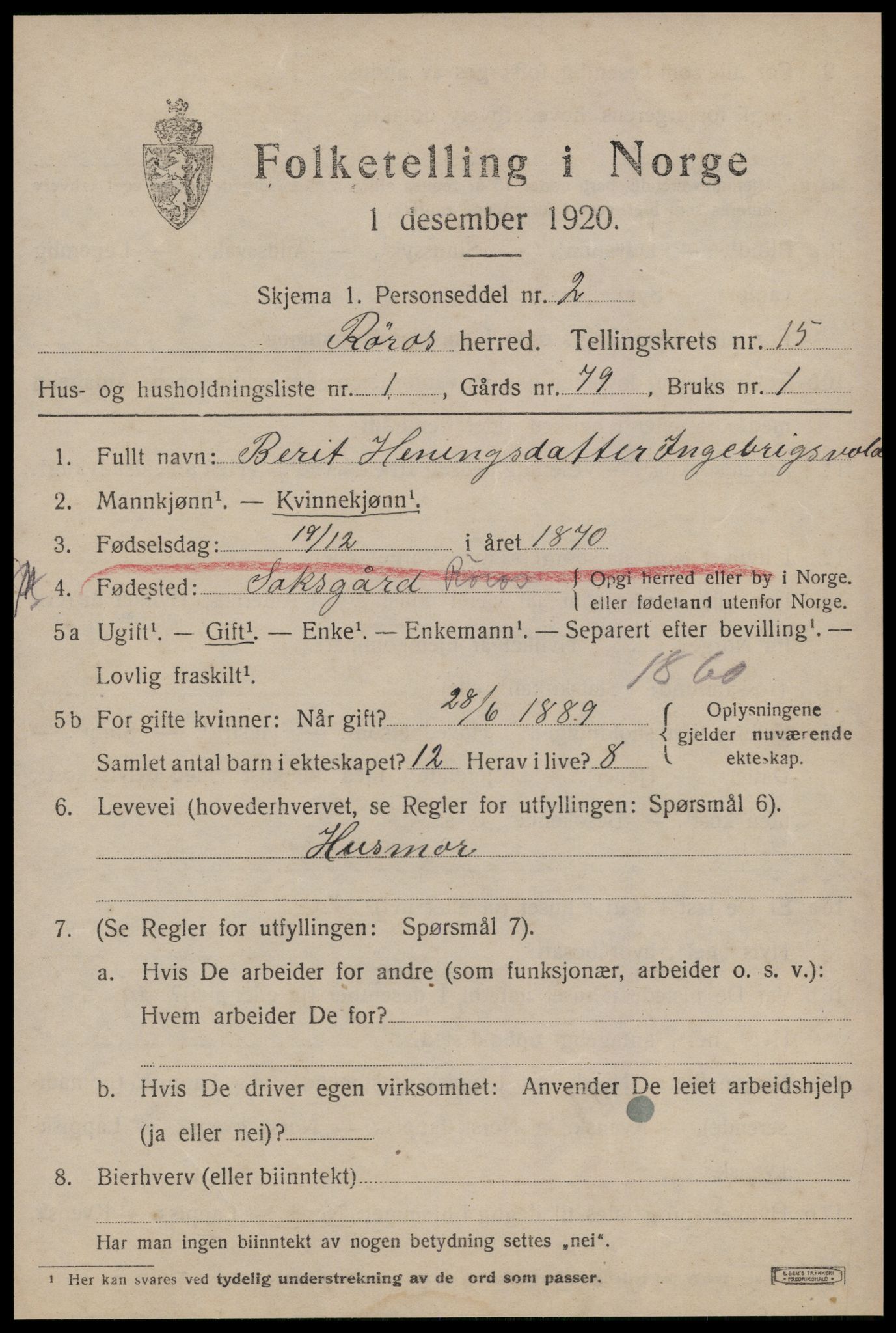 SAT, 1920 census for Røros, 1920, p. 10264