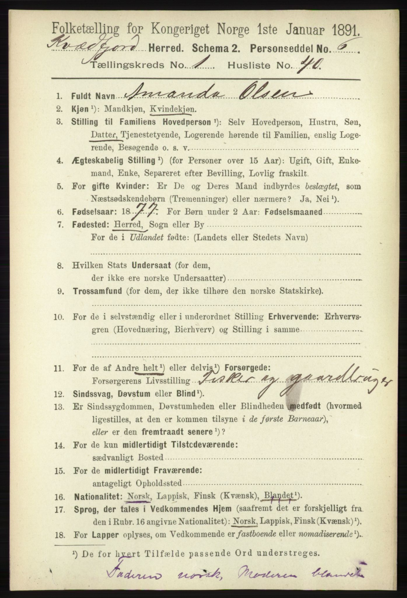 RA, 1891 census for 1911 Kvæfjord, 1891, p. 351