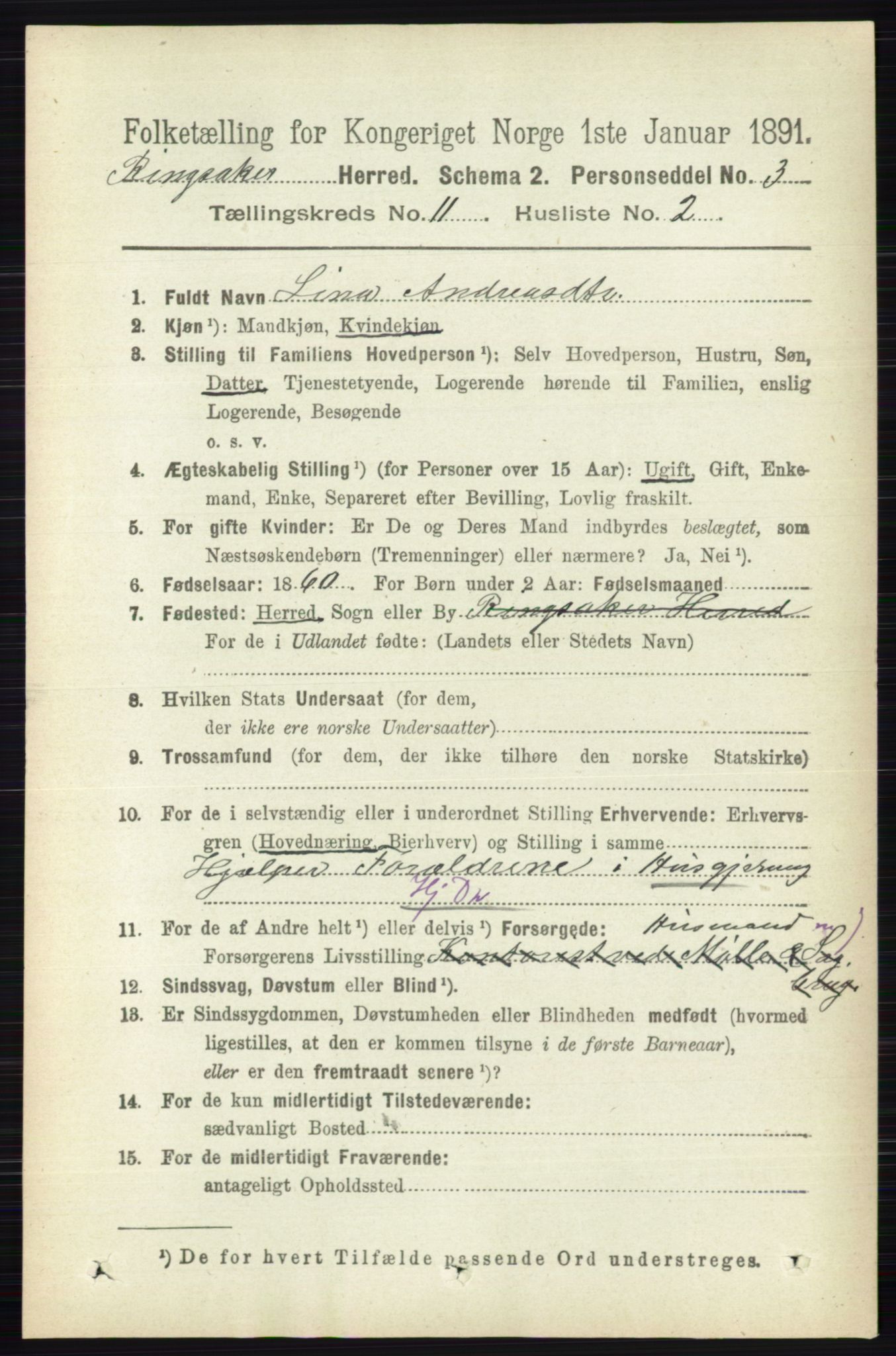 RA, 1891 census for 0412 Ringsaker, 1891, p. 6265