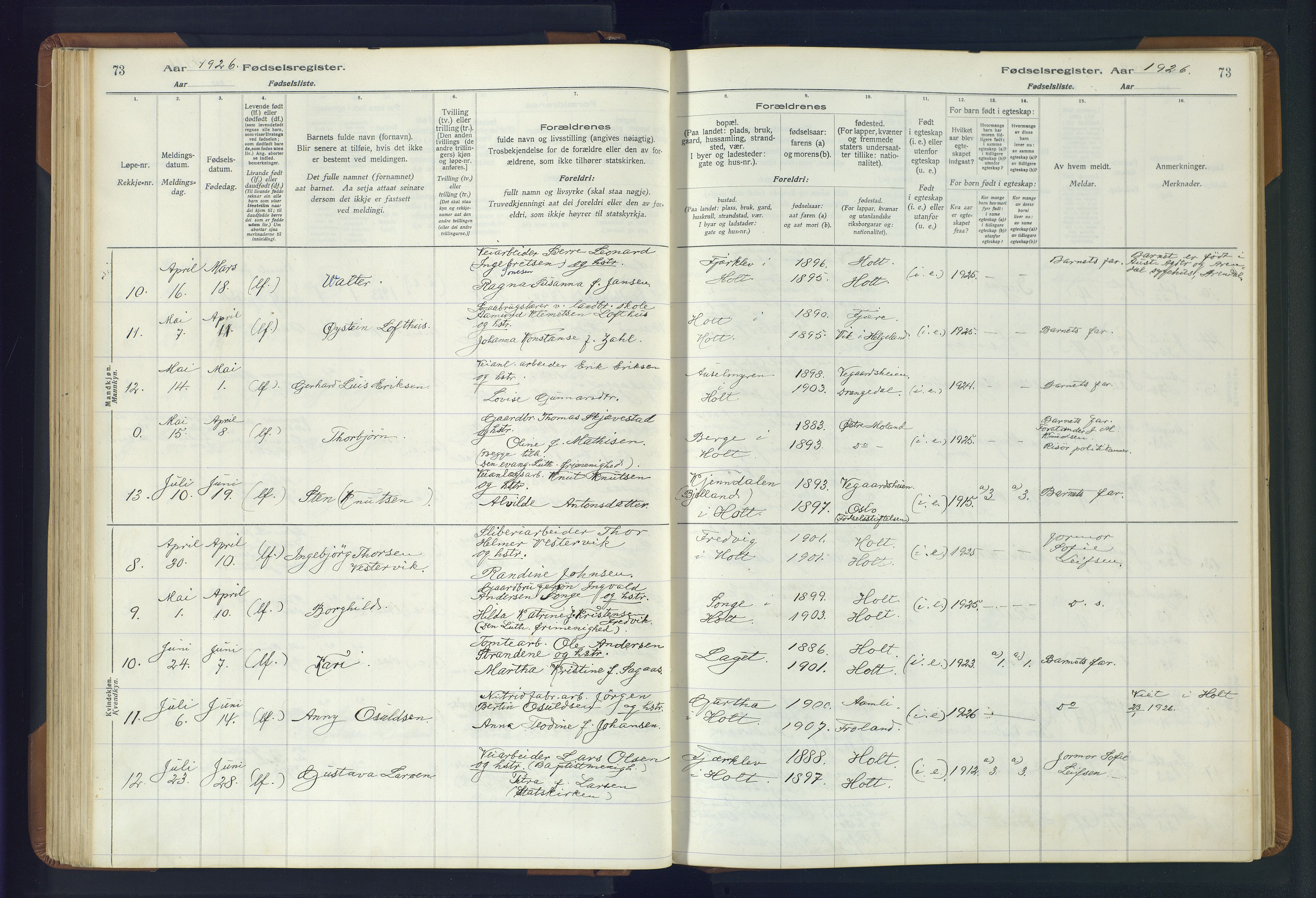 Holt sokneprestkontor, AV/SAK-1111-0021/J/Ja/L0001: Birth register no. II.4.1, 1916-1946, p. 73