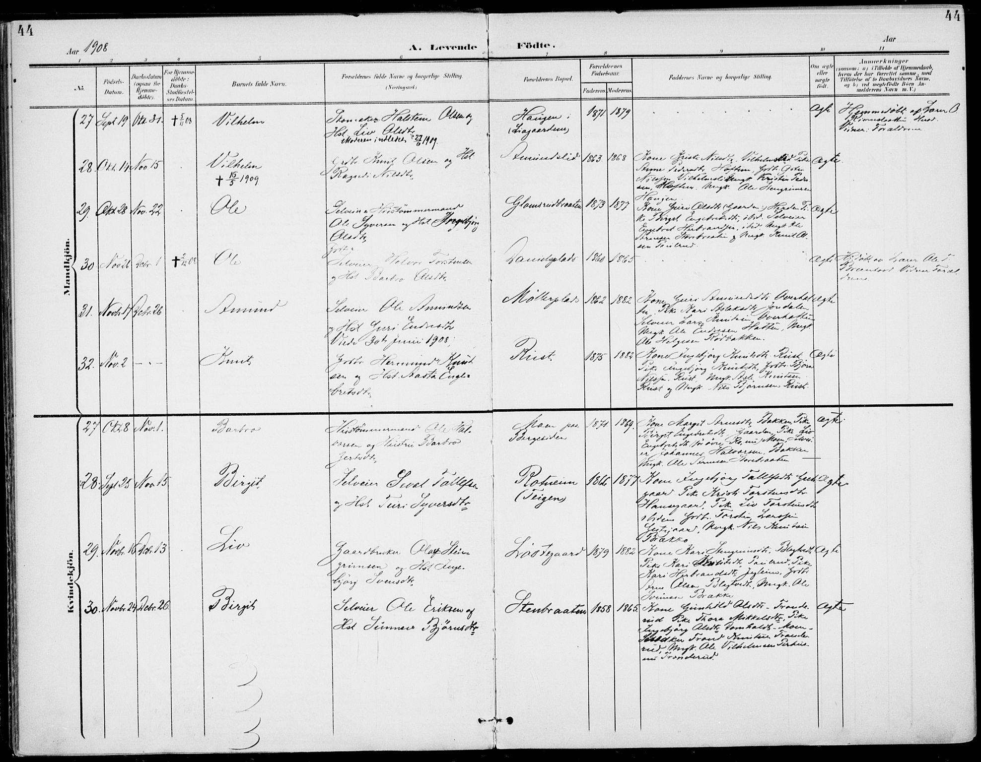 Gol kirkebøker, SAKO/A-226/F/Fa/L0006: Parish register (official) no. I 6, 1901-1918, p. 44