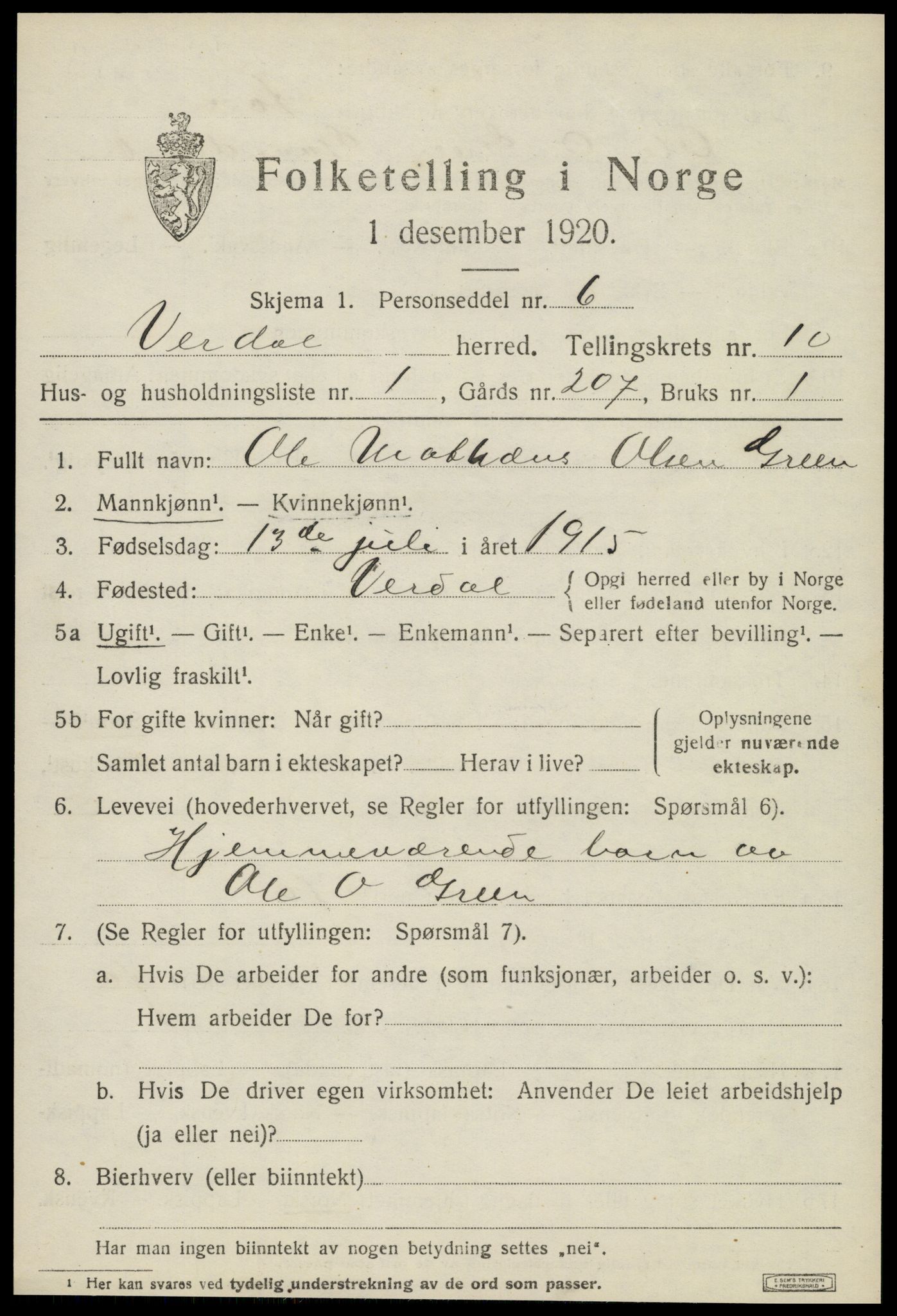 SAT, 1920 census for Verdal, 1920, p. 12155