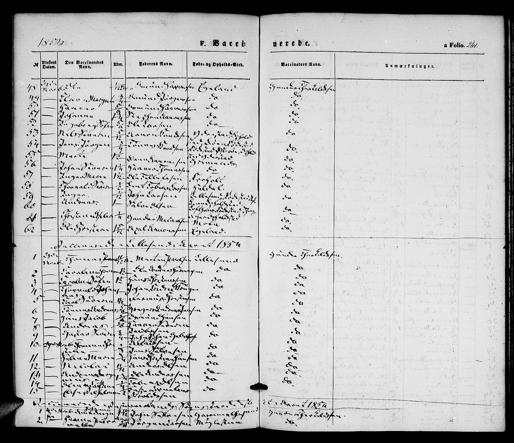 Vestre Moland sokneprestkontor, SAK/1111-0046/F/Fa/Fab/L0006: Parish register (official) no. A 6, 1850-1858, p. 261