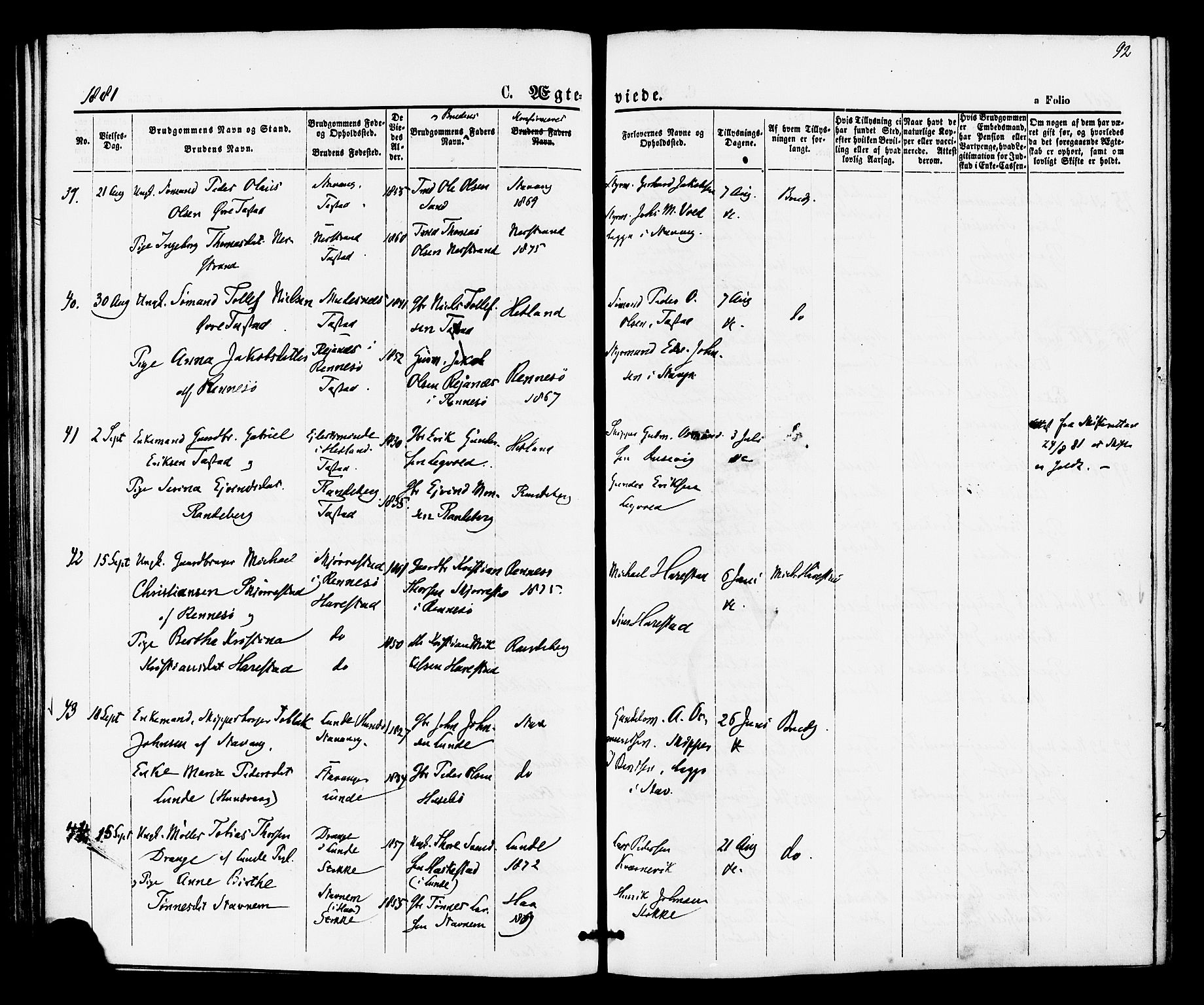 Hetland sokneprestkontor, AV/SAST-A-101826/30/30BA/L0005: Parish register (official) no. A 5, 1869-1884, p. 92