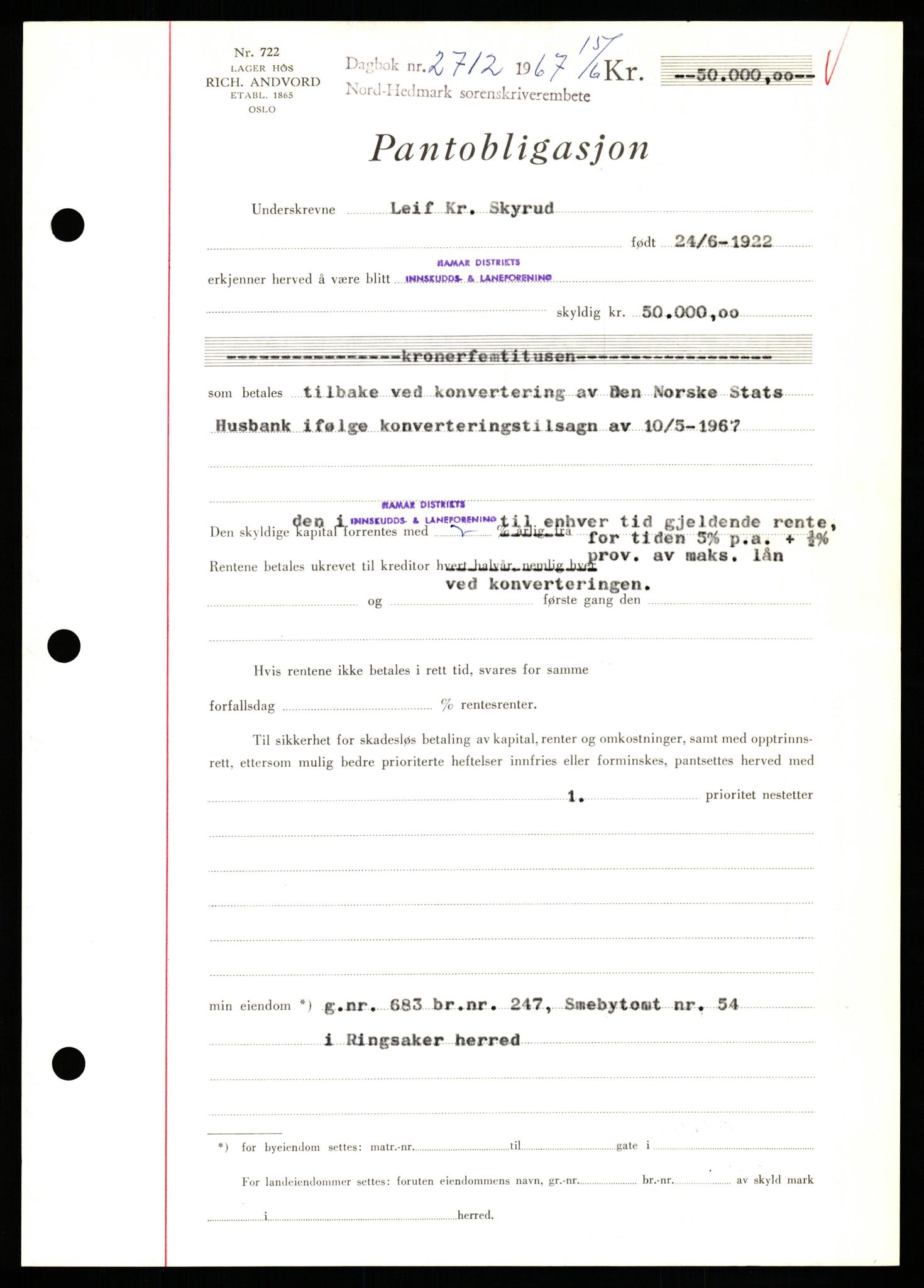 Nord-Hedmark sorenskriveri, SAH/TING-012/H/Hb/Hbf/L0071: Mortgage book no. B71, 1967-1967, Diary no: : 2712/1967