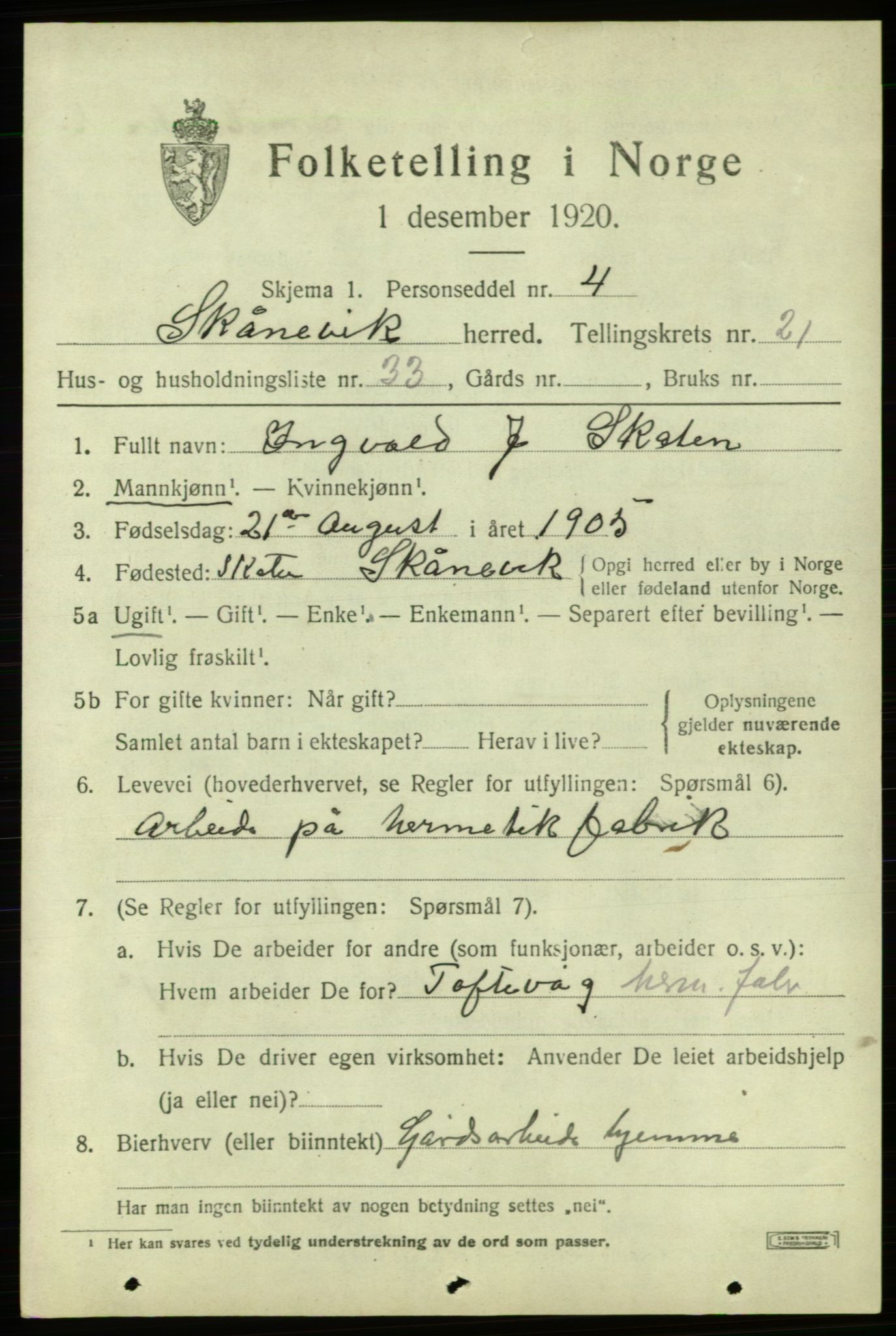 SAB, 1920 census for Skånevik, 1920, p. 8125