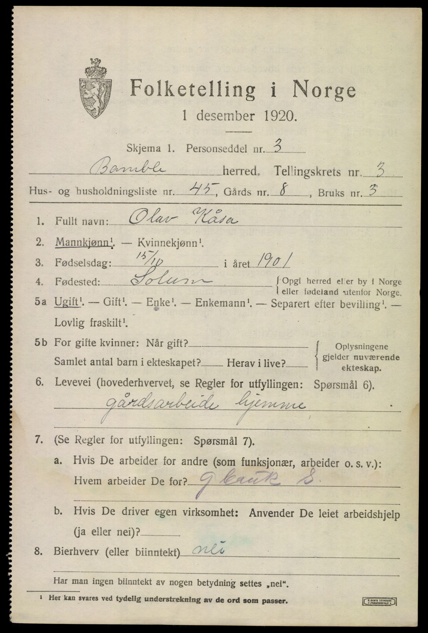 SAKO, 1920 census for Bamble, 1920, p. 4287