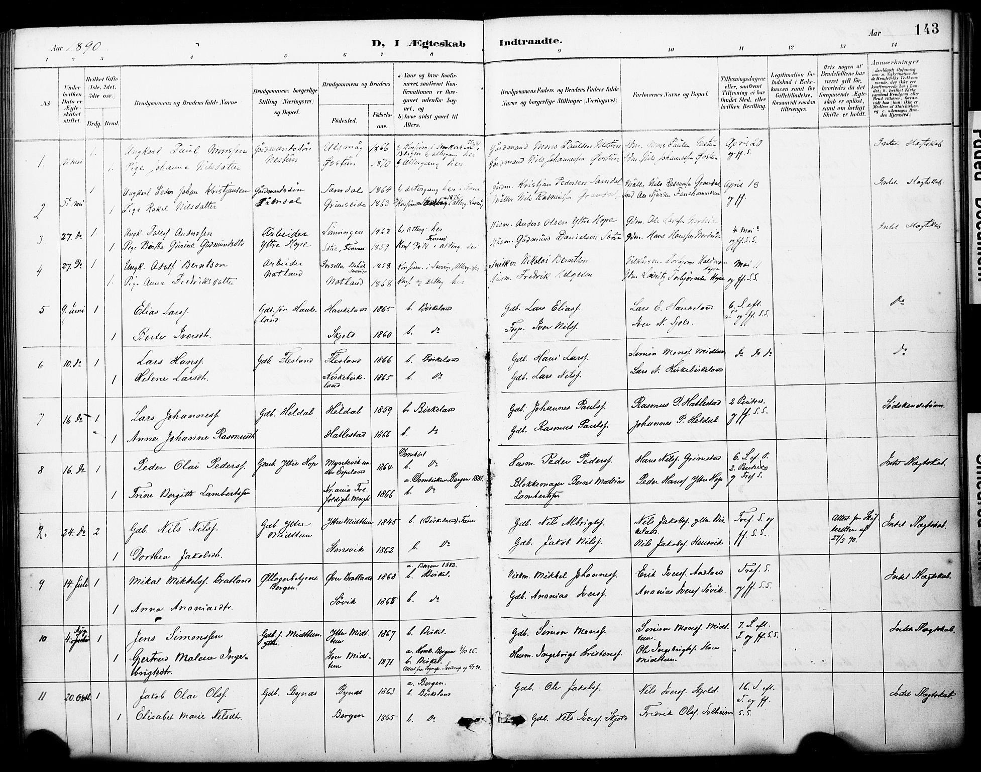 Fana Sokneprestembete, SAB/A-75101/H/Haa/Haai/L0002: Parish register (official) no. I 2, 1888-1899, p. 143