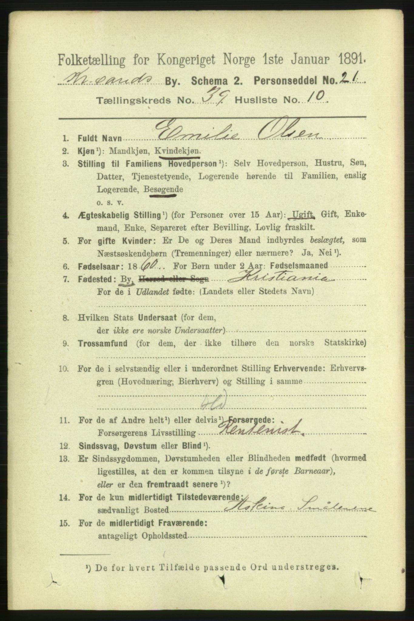 RA, 1891 census for 1001 Kristiansand, 1891, p. 12392