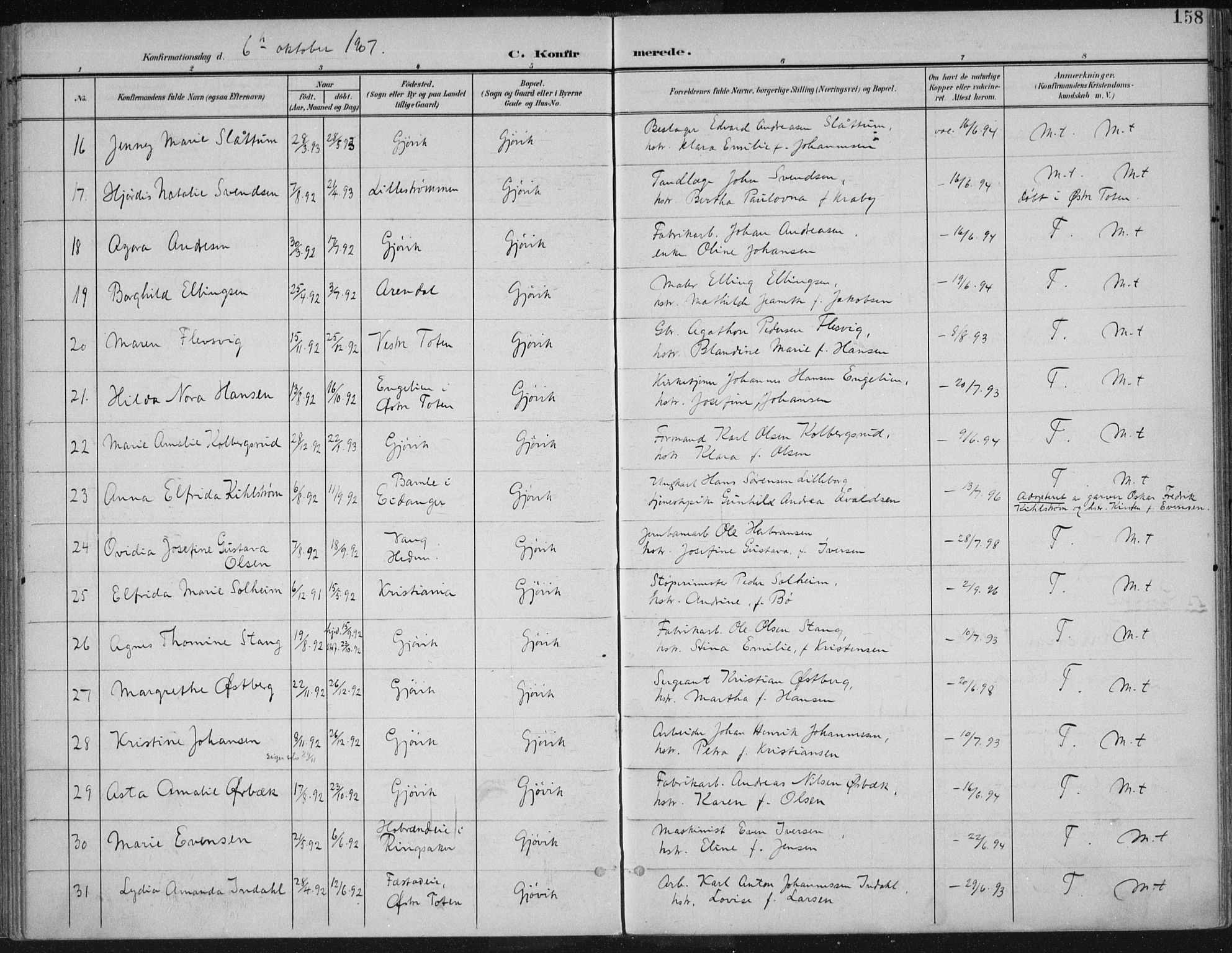 Vardal prestekontor, SAH/PREST-100/H/Ha/Haa/L0013: Parish register (official) no. 13, 1901-1911, p. 158