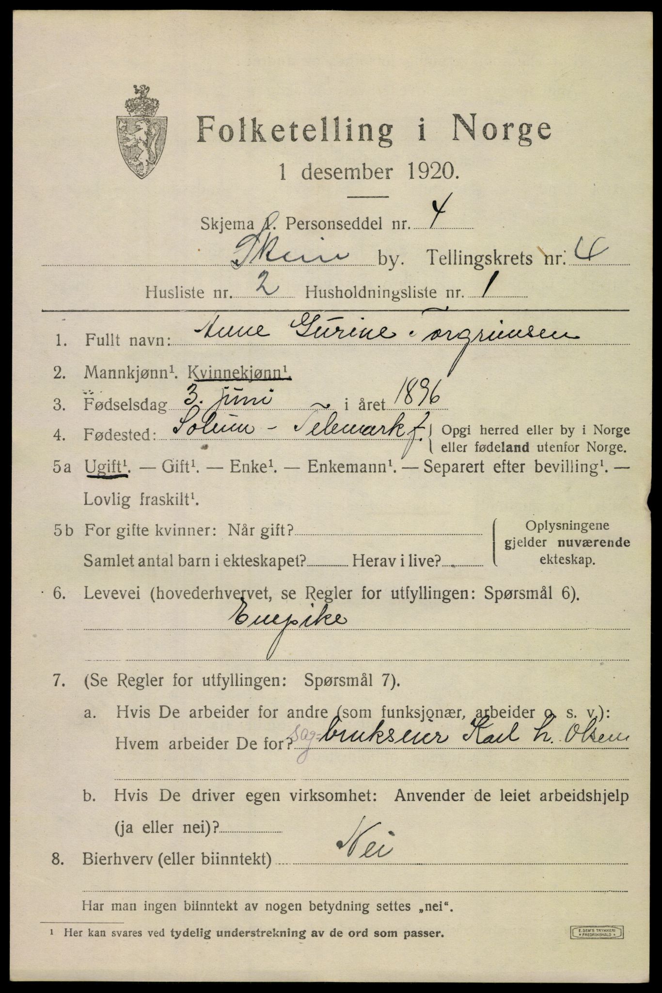 SAKO, 1920 census for Skien, 1920, p. 16834