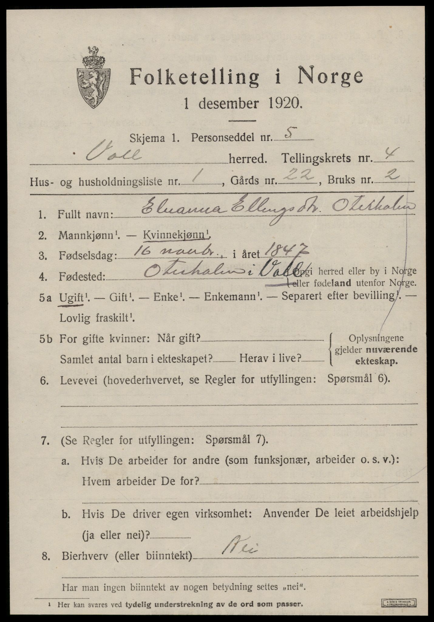 SAT, 1920 census for Voll, 1920, p. 1865