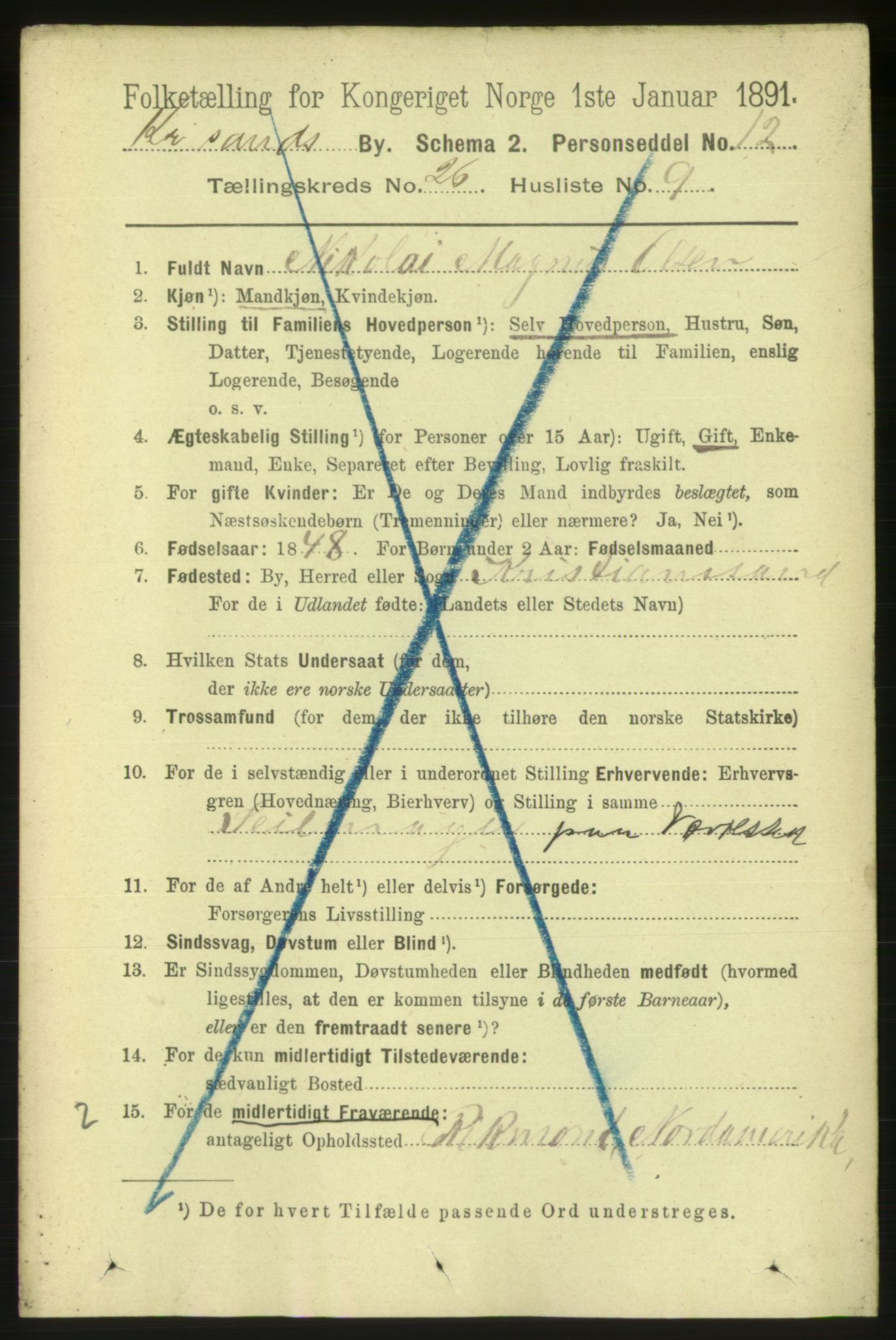 RA, 1891 census for 1001 Kristiansand, 1891, p. 8947