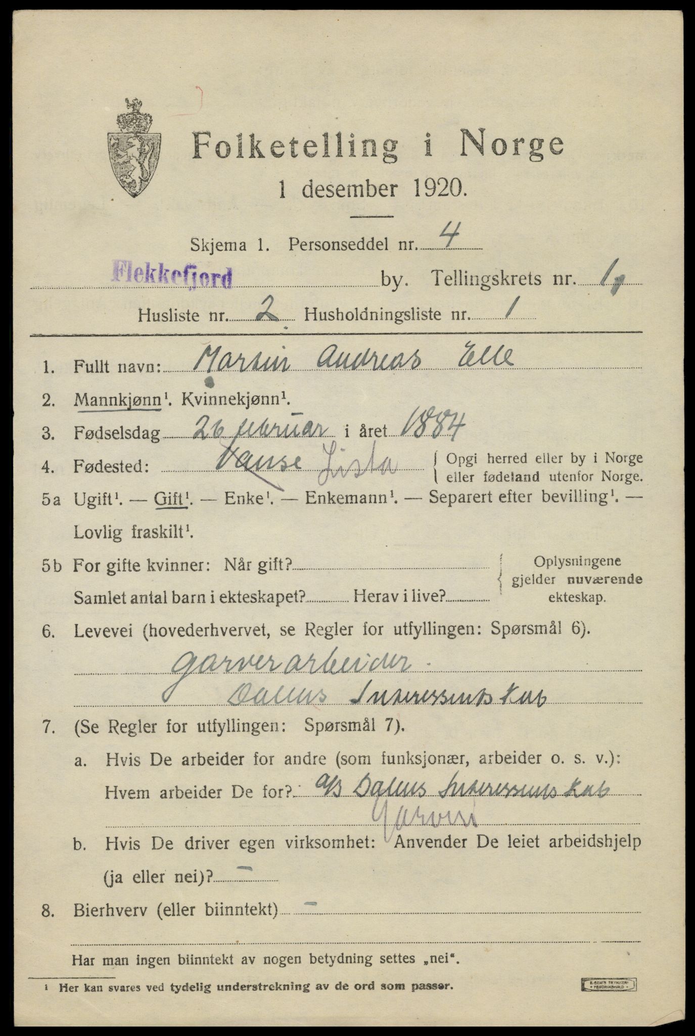 SAK, 1920 census for Flekkefjord, 1920, p. 1916