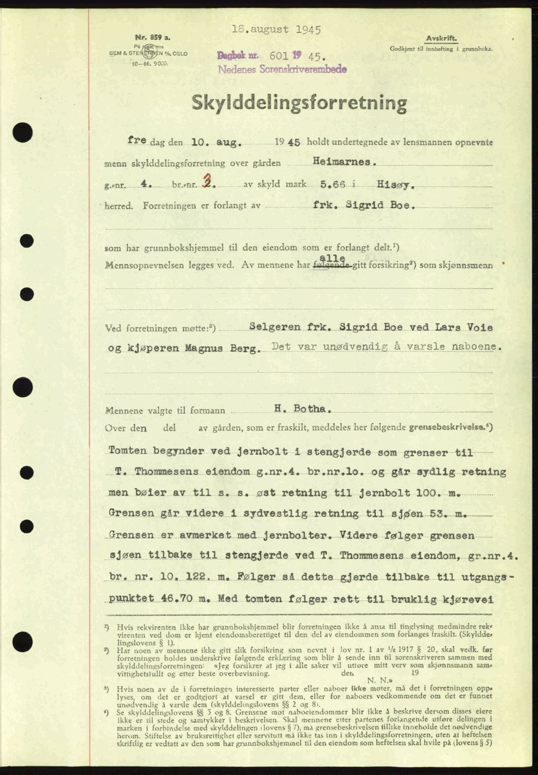Nedenes sorenskriveri, SAK/1221-0006/G/Gb/Gba/L0052: Mortgage book no. A6a, 1944-1945, Diary no: : 601/1945