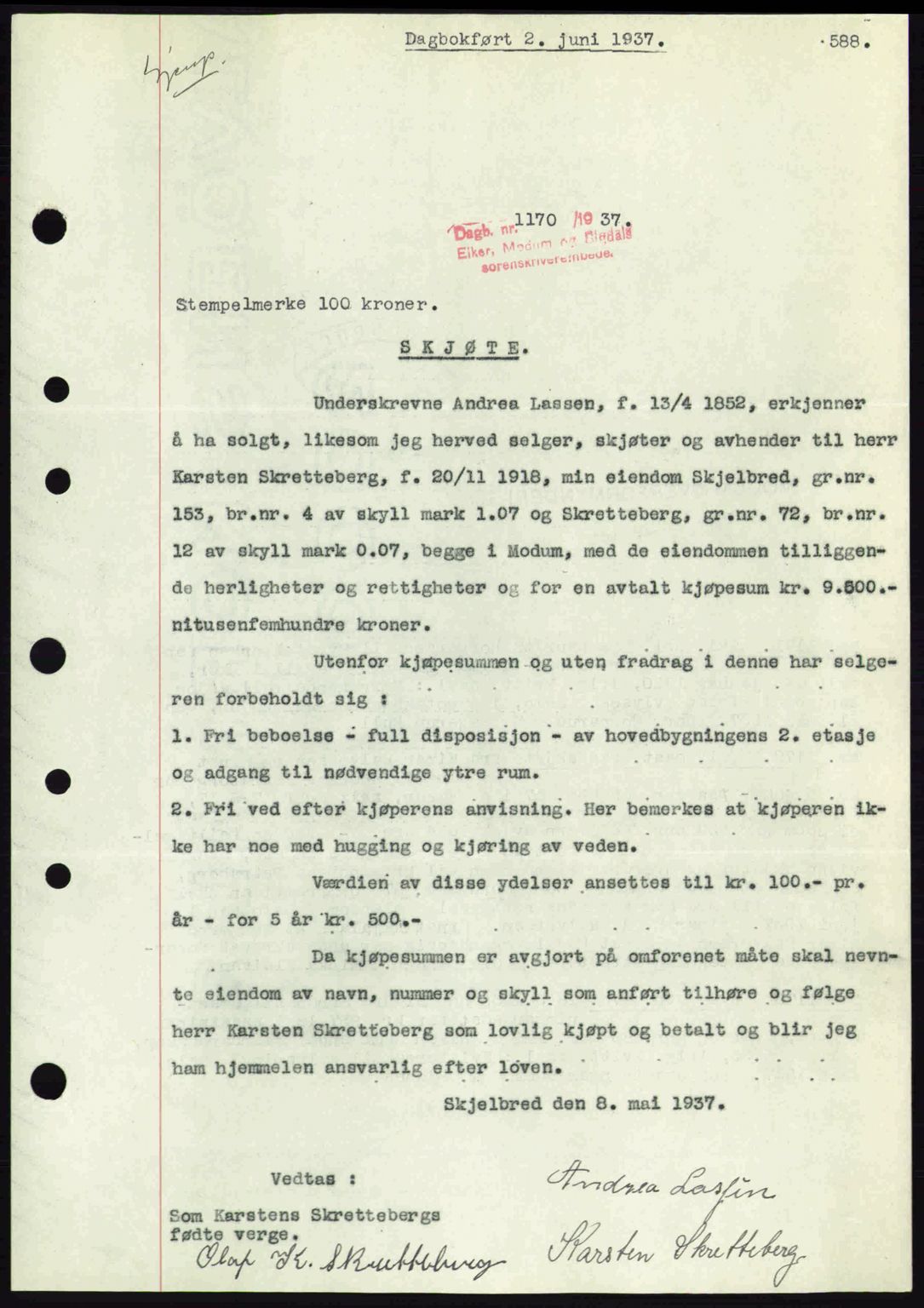 Eiker, Modum og Sigdal sorenskriveri, SAKO/A-123/G/Ga/Gab/L0035: Mortgage book no. A5, 1937-1937, Diary no: : 1170/1937
