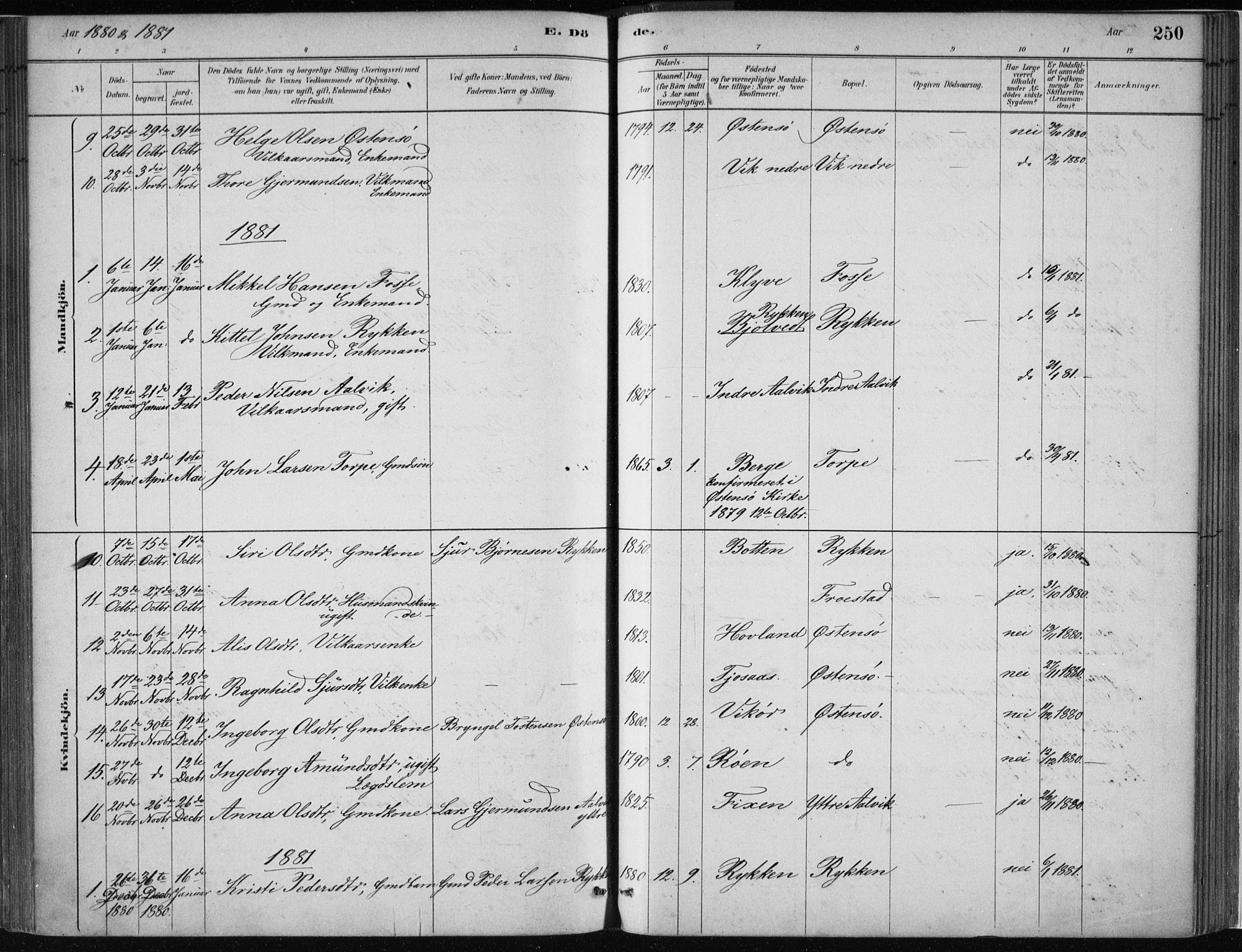 Kvam sokneprestembete, SAB/A-76201/H/Haa: Parish register (official) no. C  1, 1880-1906, p. 250