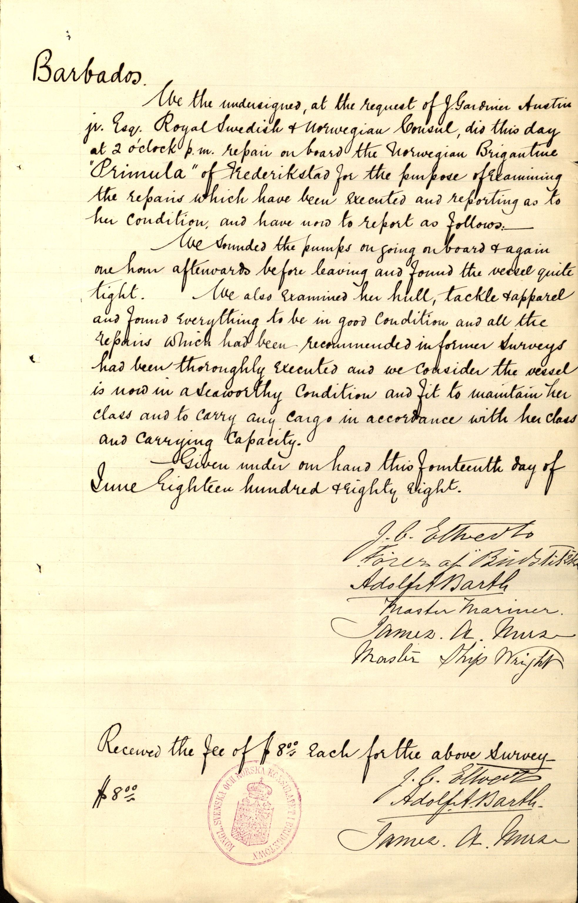 Pa 63 - Østlandske skibsassuranceforening, VEMU/A-1079/G/Ga/L0021/0003: Havaridokumenter / Inga av Drammen, Inga av Sandefjord, Primula, 1888-1889, p. 157
