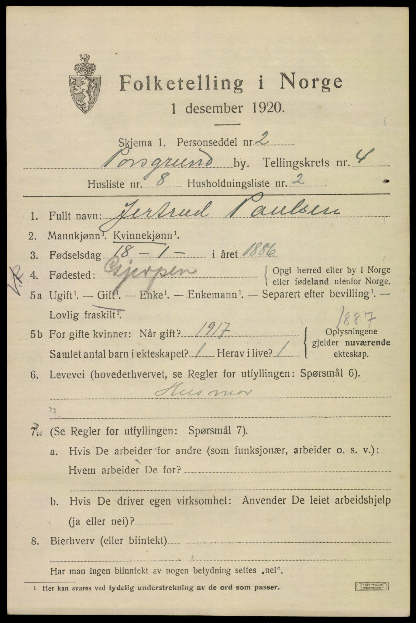 SAKO, 1920 census for Porsgrunn, 1920, p. 18935