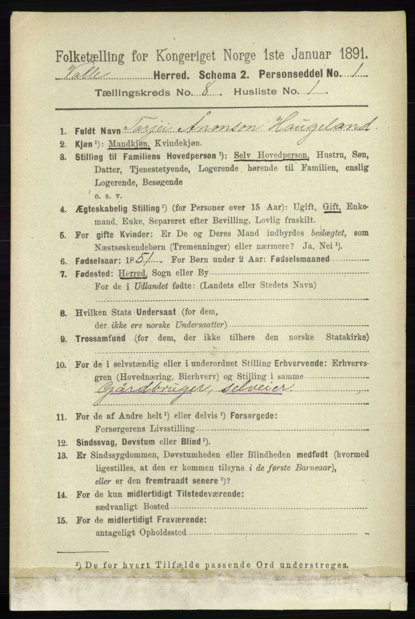 RA, 1891 census for 0940 Valle, 1891, p. 2237