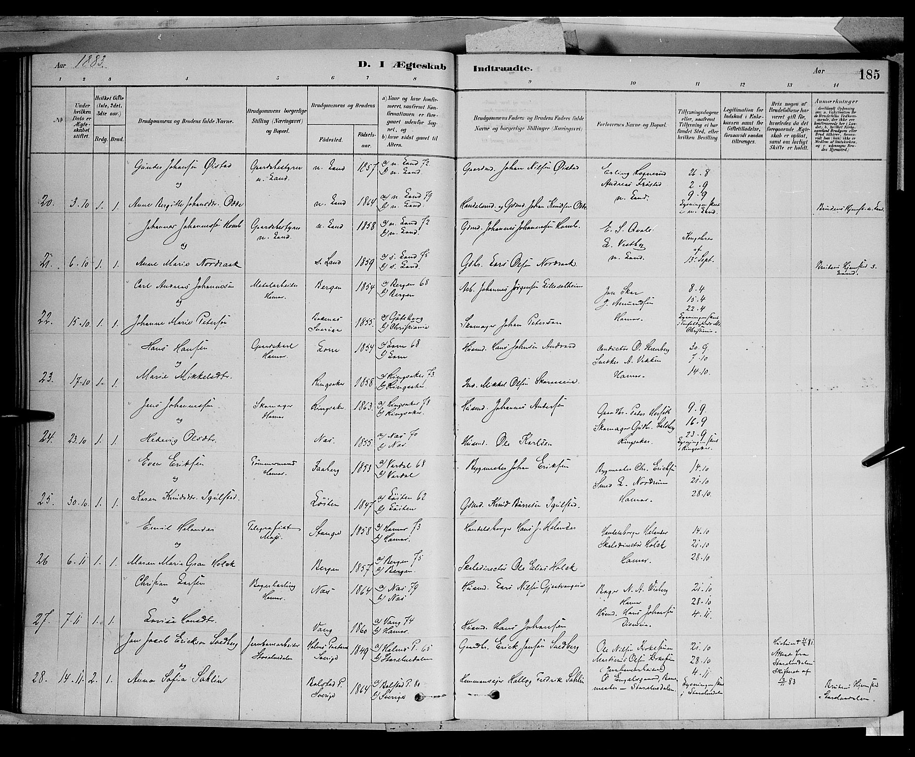 Vang prestekontor, Hedmark, AV/SAH-PREST-008/H/Ha/Haa/L0016: Parish register (official) no. 16, 1878-1889, p. 185