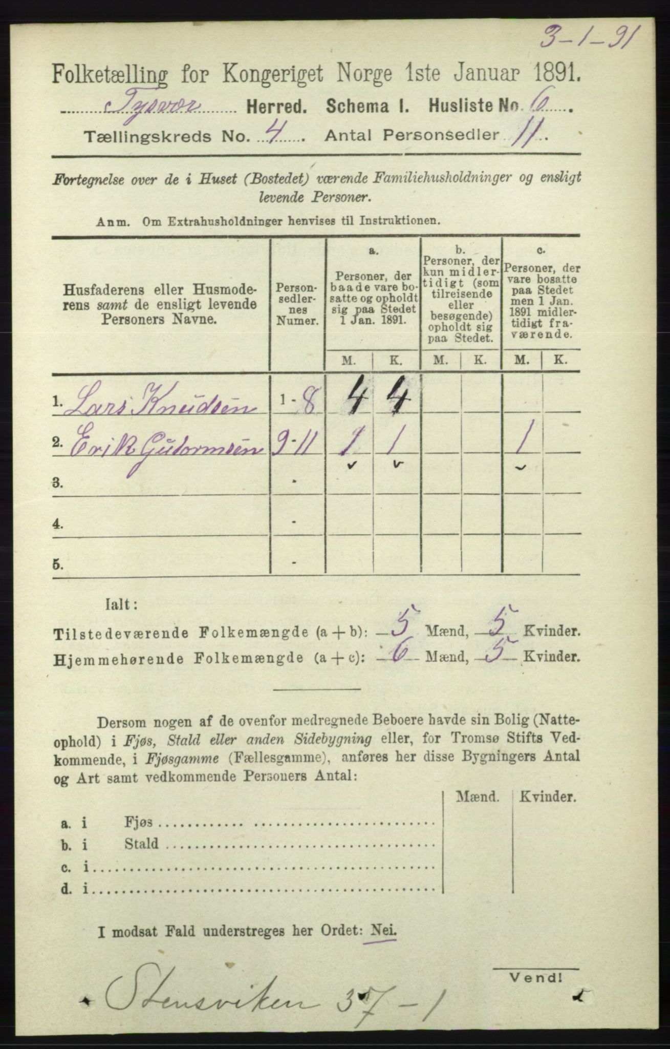 RA, 1891 census for 1146 Tysvær, 1891, p. 1456