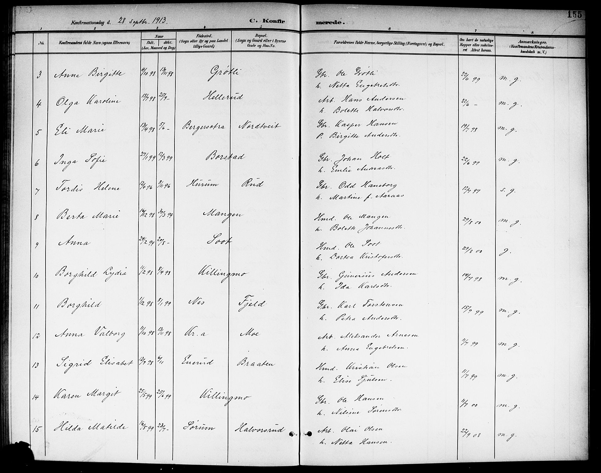 Aurskog prestekontor Kirkebøker, SAO/A-10304a/G/Ga/L0004: Parish register (copy) no. I 4, 1901-1921, p. 155