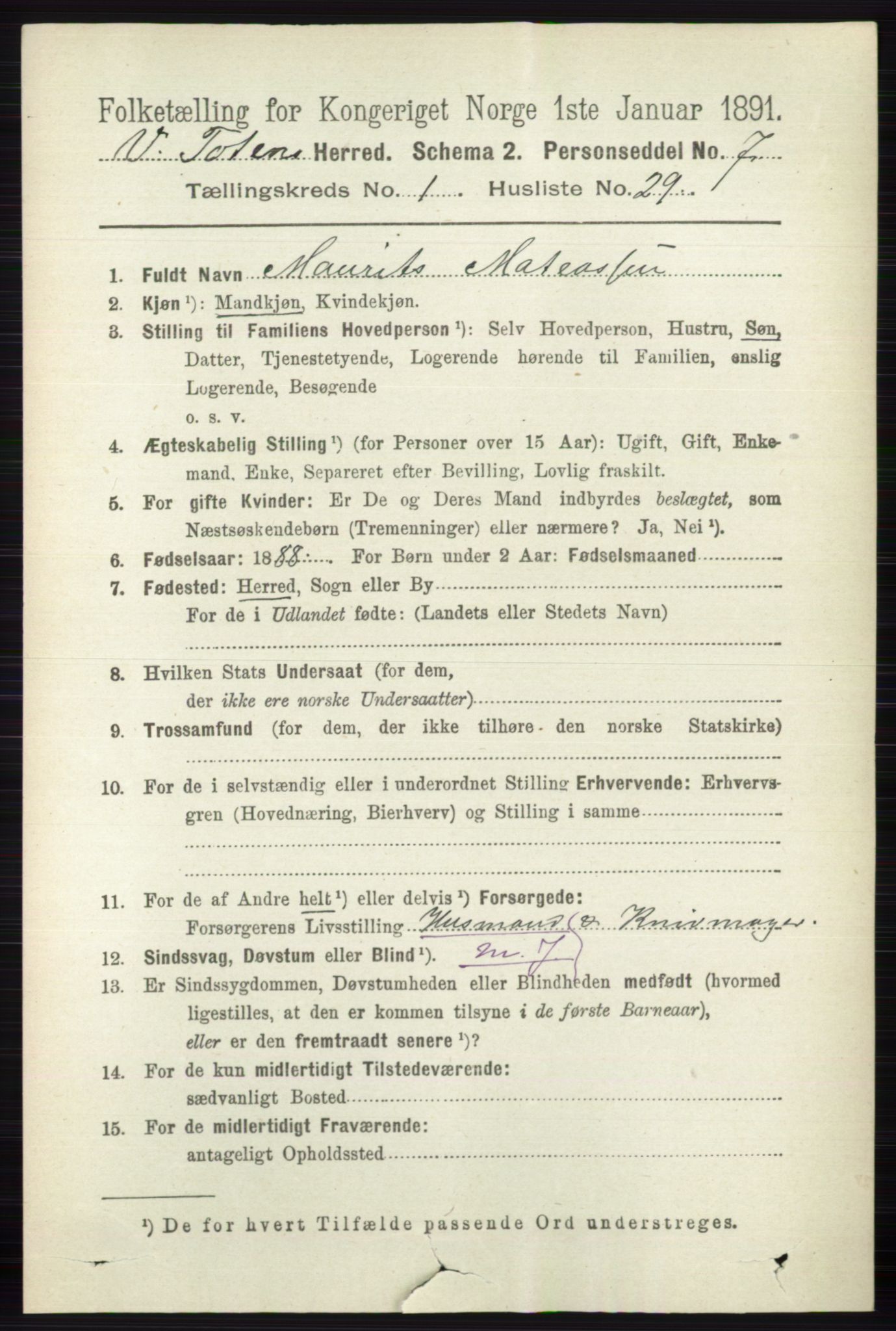 RA, 1891 census for 0529 Vestre Toten, 1891, p. 374
