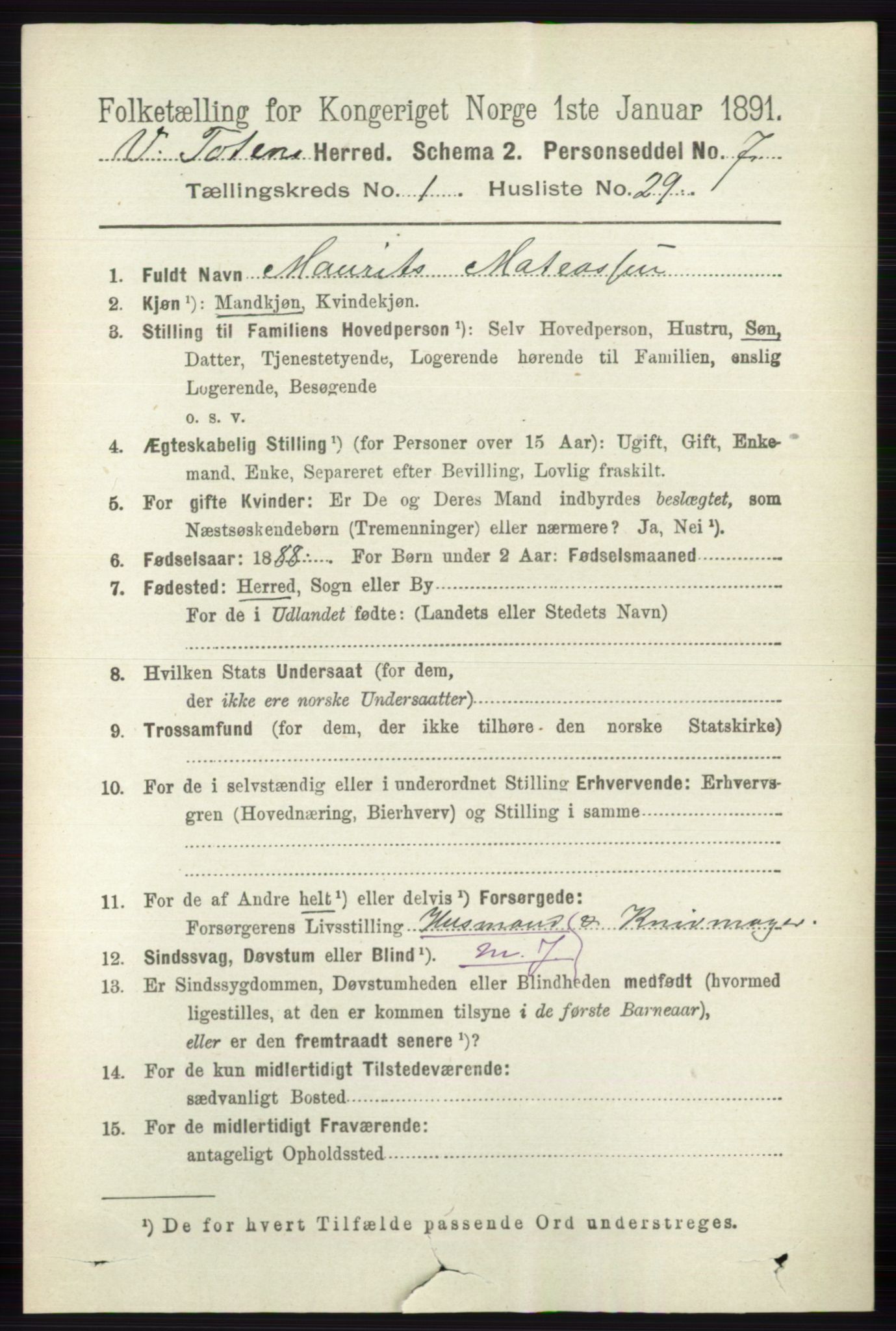 RA, 1891 census for 0529 Vestre Toten, 1891, p. 374