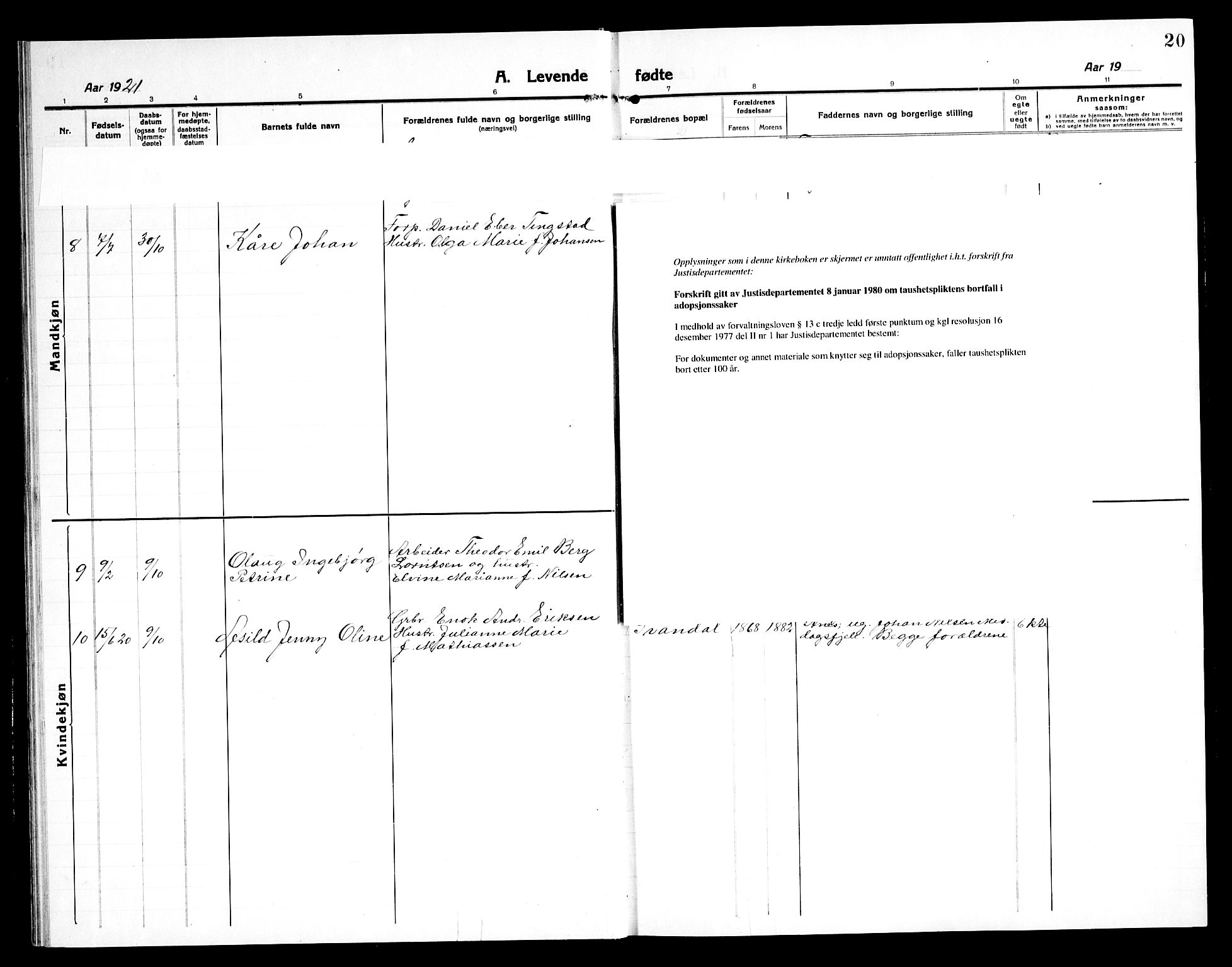 Ministerialprotokoller, klokkerbøker og fødselsregistre - Nordland, AV/SAT-A-1459/897/L1415: Parish register (copy) no. 897C05, 1916-1945, p. 20