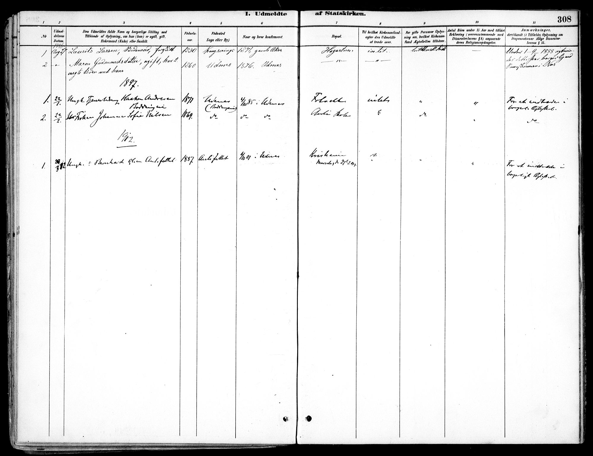 Nes prestekontor Kirkebøker, SAO/A-10410/F/Fc/L0002: Parish register (official) no. IIi 2, 1882-1916, p. 308
