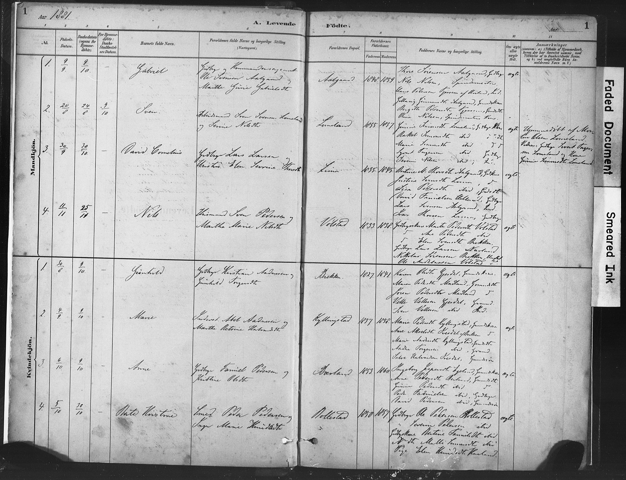 Lye sokneprestkontor, SAST/A-101794/001/30BA/L0010: Parish register (official) no. A 10, 1881-1896, p. 1