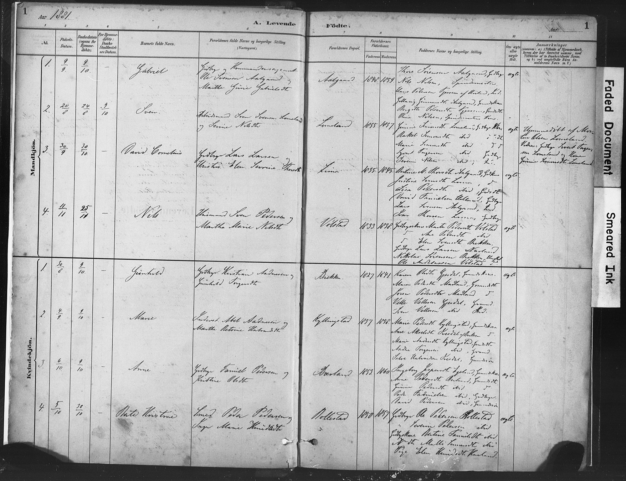 Lye sokneprestkontor, AV/SAST-A-101794/001/30BA/L0010: Parish register (official) no. A 10, 1881-1896, p. 1