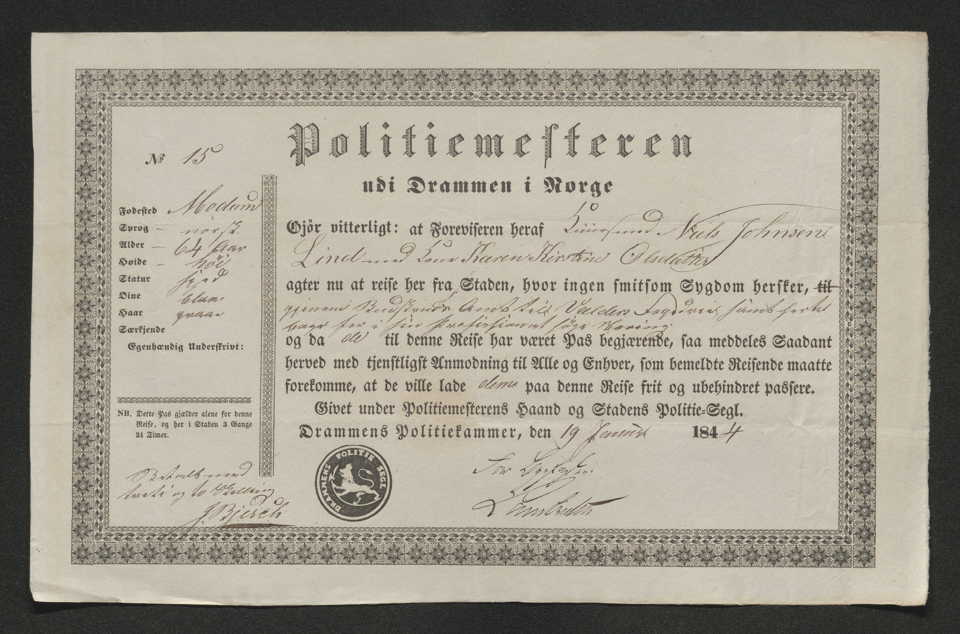 Drammen politikammer, SAKO/A-623/I/Ia/Iab/L0007: Innleverte pass, 1843-1844, p. 482