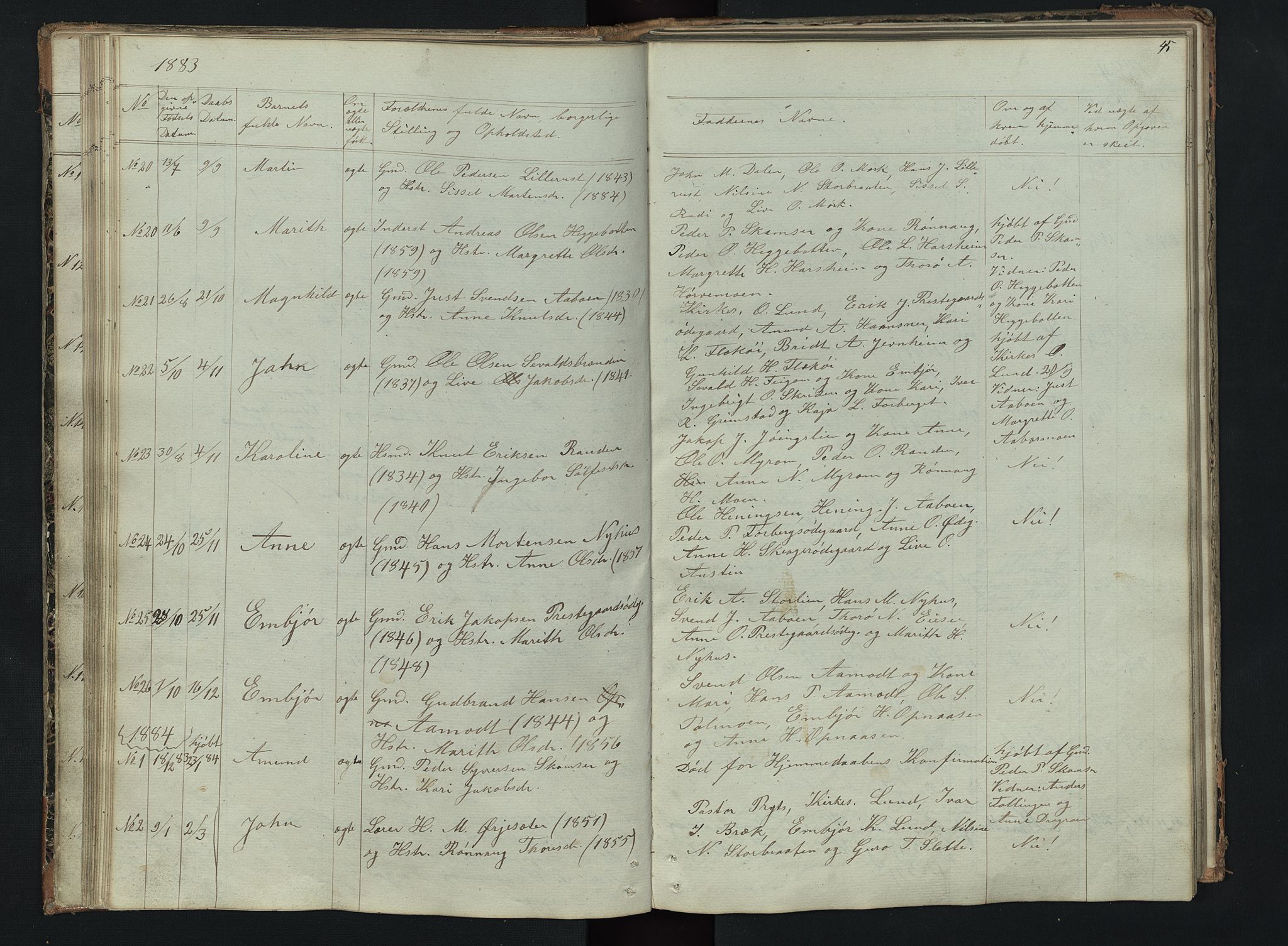Skjåk prestekontor, SAH/PREST-072/H/Ha/Hab/L0002: Parish register (copy) no. 2, 1867-1894, p. 45