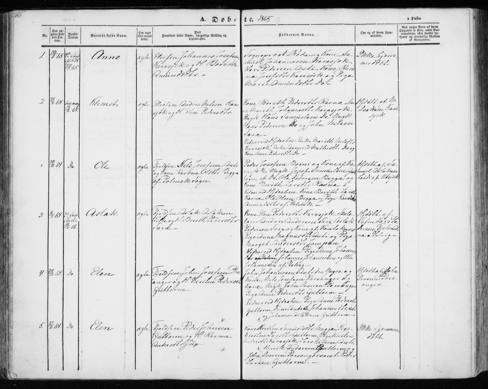 Kistrand/Porsanger sokneprestembete, SATØ/S-1351/H/Ha/L0012.kirke: Parish register (official) no. 12, 1843-1871, p. 154-155