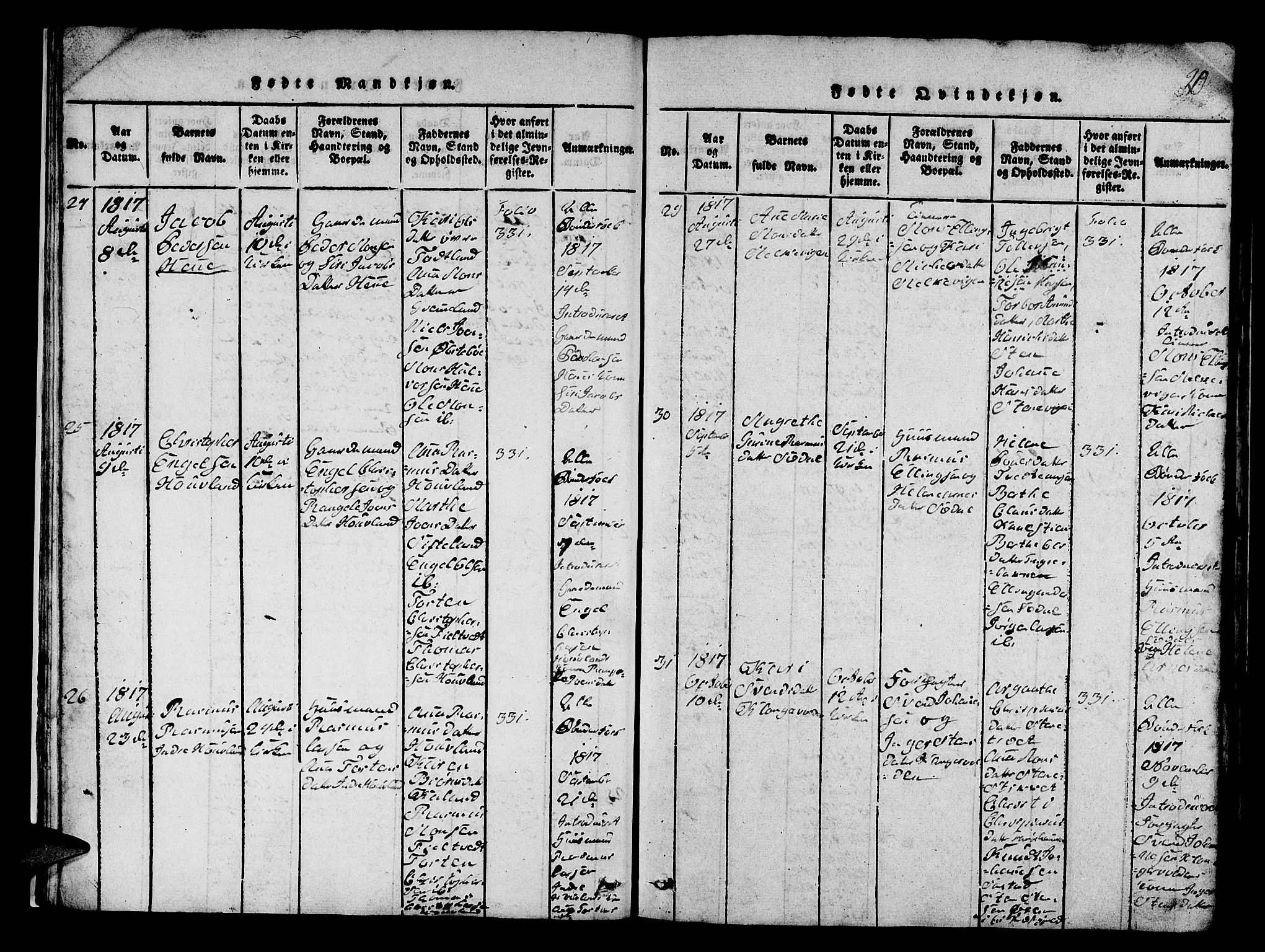 Fana Sokneprestembete, AV/SAB-A-75101/H/Hab/Haba/L0001: Parish register (copy) no. A 1, 1816-1836, p. 20