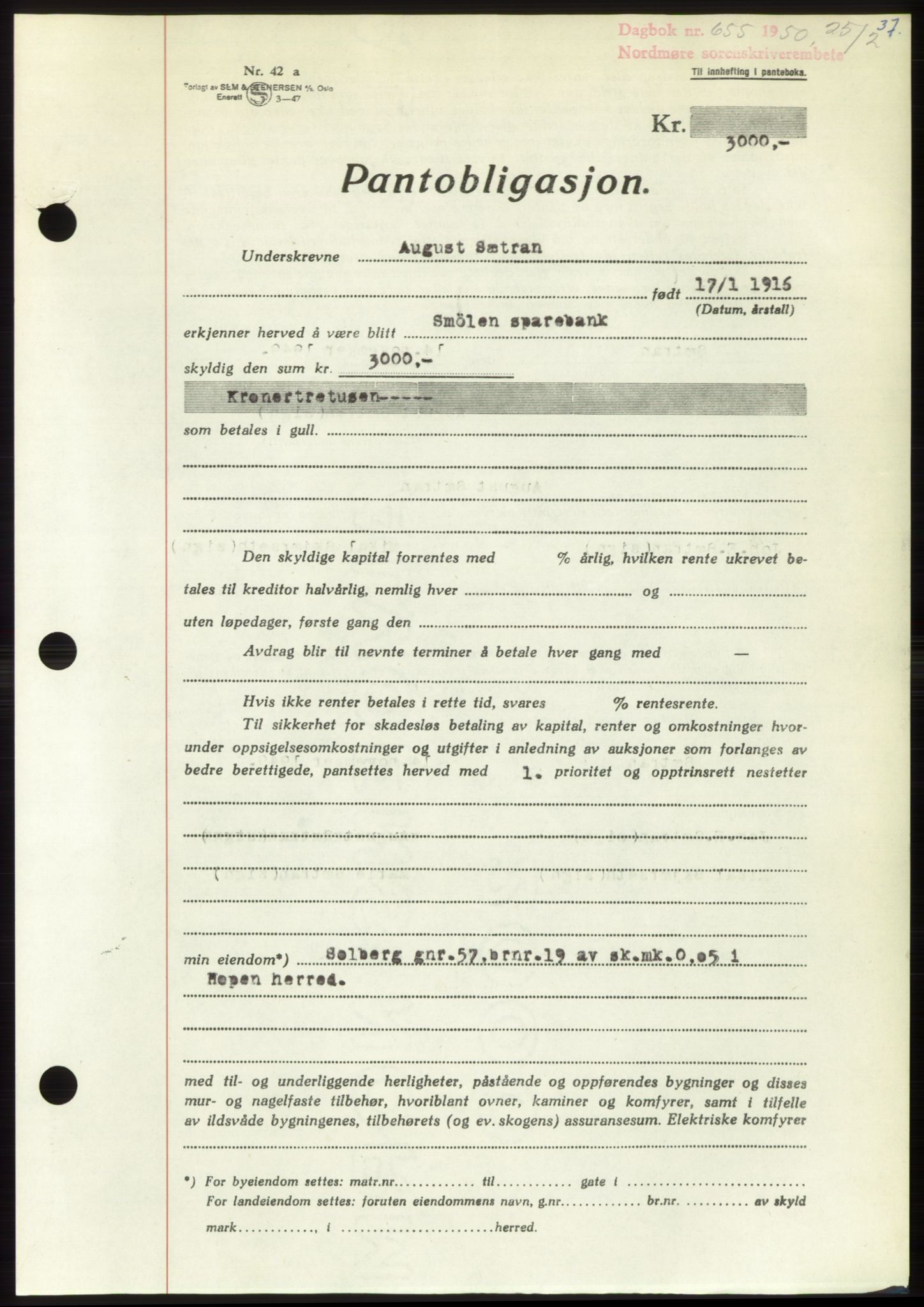 Nordmøre sorenskriveri, AV/SAT-A-4132/1/2/2Ca: Mortgage book no. B104, 1950-1950, Diary no: : 655/1950