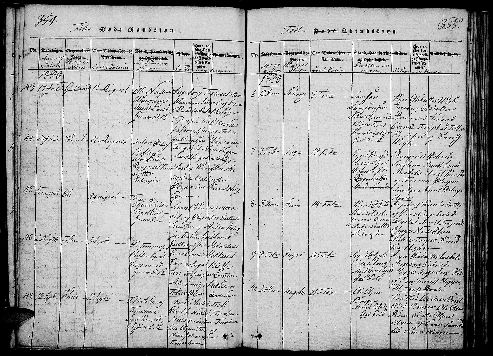 Slidre prestekontor, SAH/PREST-134/H/Ha/Haa/L0002: Parish register (official) no. 2, 1814-1830, p. 354-355