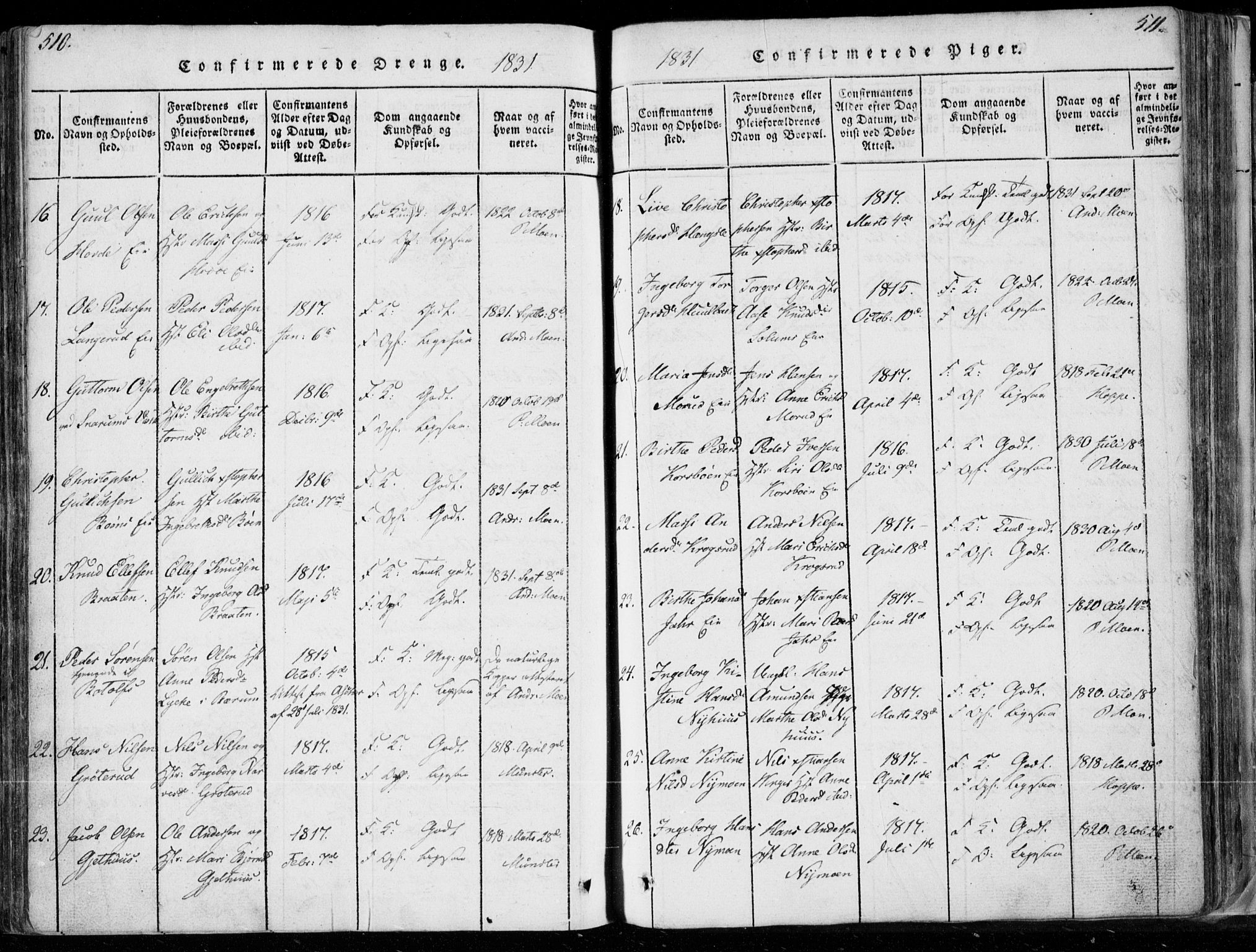 Modum kirkebøker, AV/SAKO-A-234/F/Fa/L0006: Parish register (official) no. 6, 1832-1841, p. 510-511