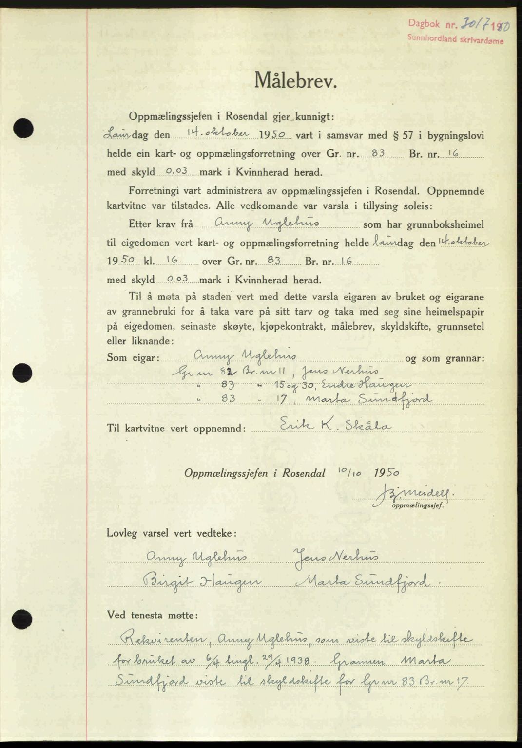 Sunnhordland sorenskrivar, AV/SAB-A-2401: Mortgage book no. A95, 1950-1950, Diary no: : 3017/1950