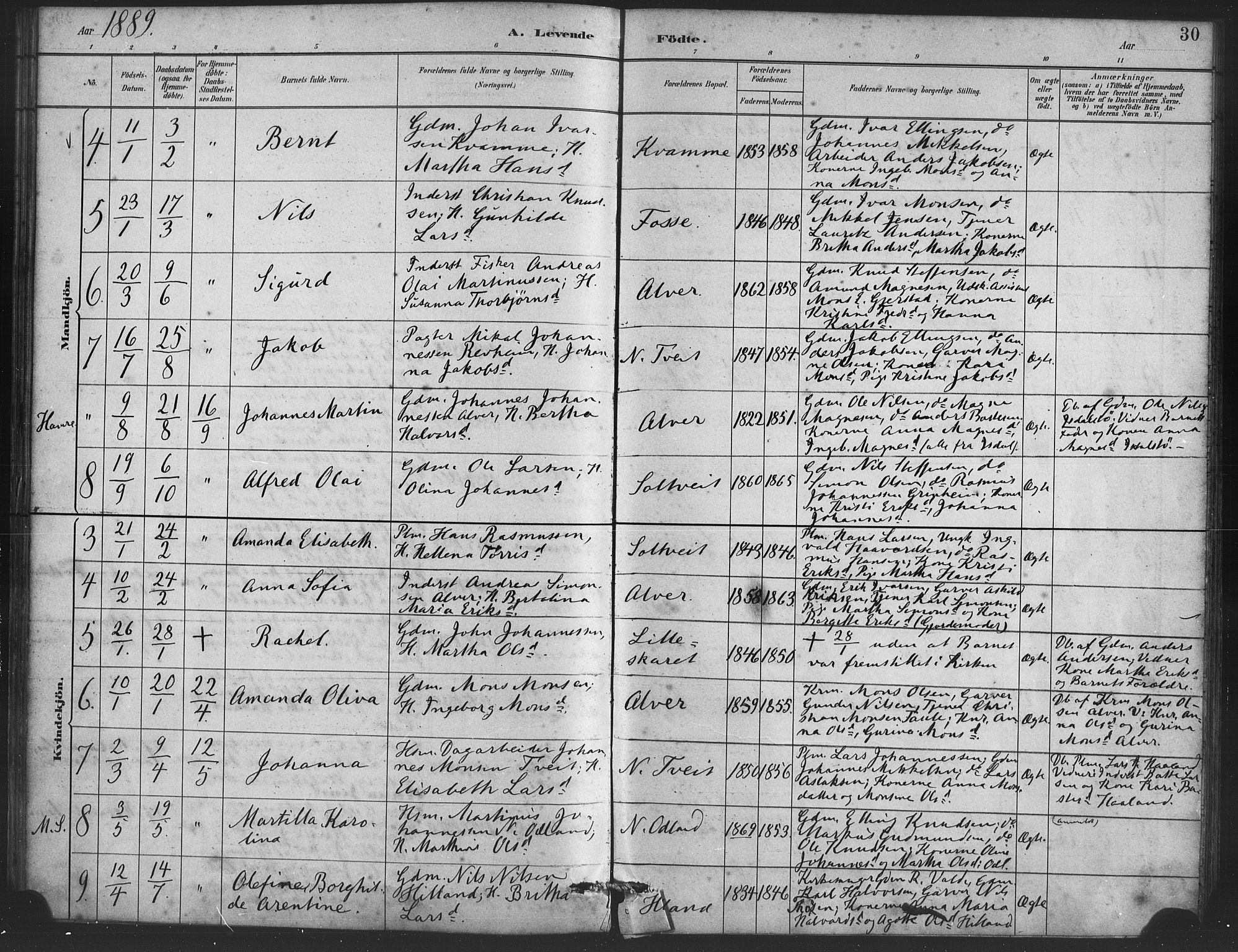 Alversund Sokneprestembete, AV/SAB-A-73901/H/Ha/Haa/Haaa/L0001: Parish register (official) no. A 1, 1882-1896, p. 30