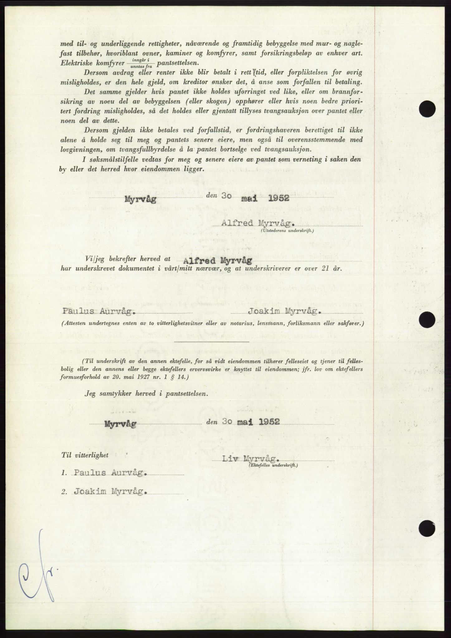 Søre Sunnmøre sorenskriveri, AV/SAT-A-4122/1/2/2C/L0121: Mortgage book no. 9B, 1951-1952, Diary no: : 1126/1952