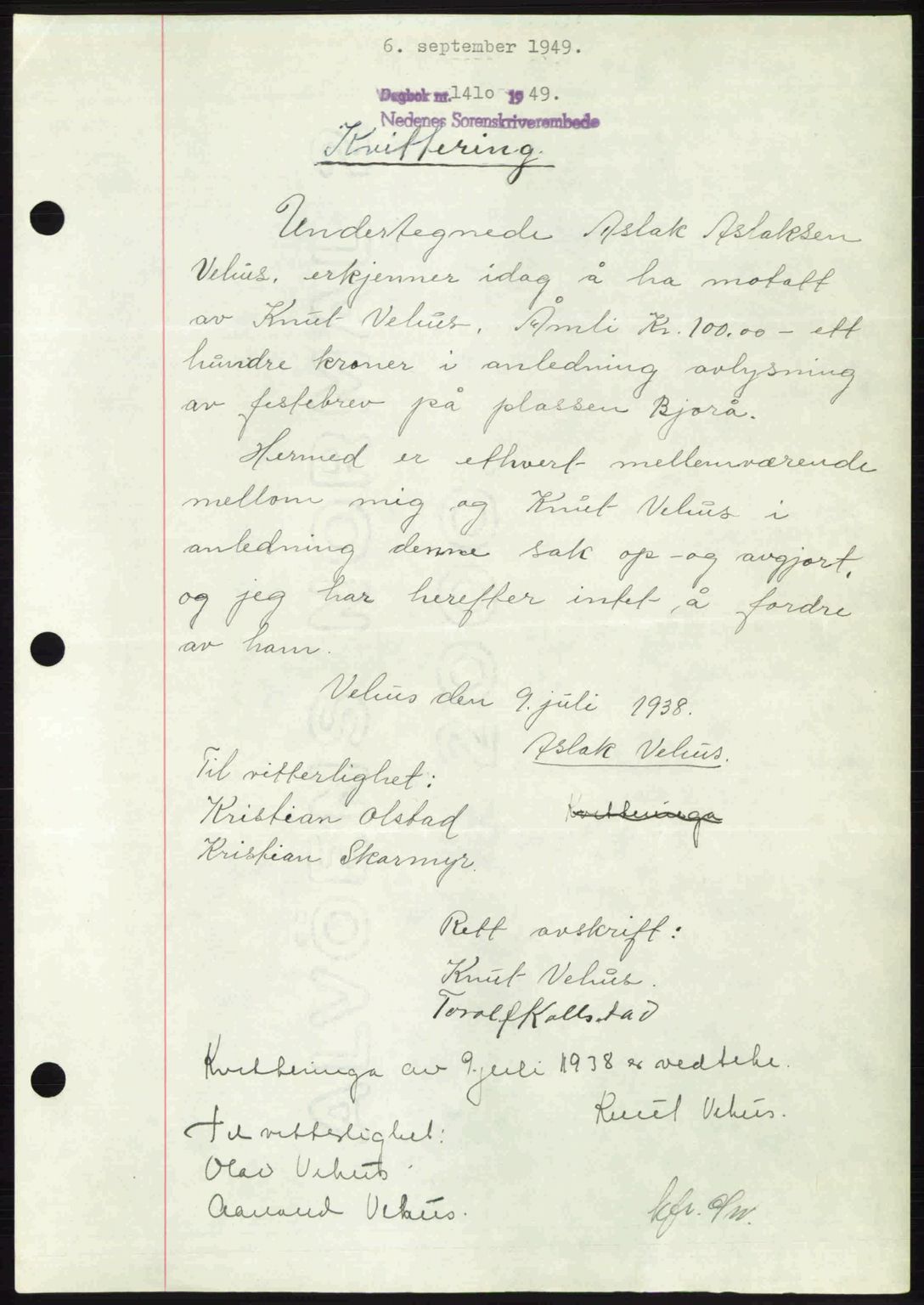 Nedenes sorenskriveri, SAK/1221-0006/G/Gb/Gba/L0061: Mortgage book no. A13, 1949-1949, Diary no: : 1410/1949