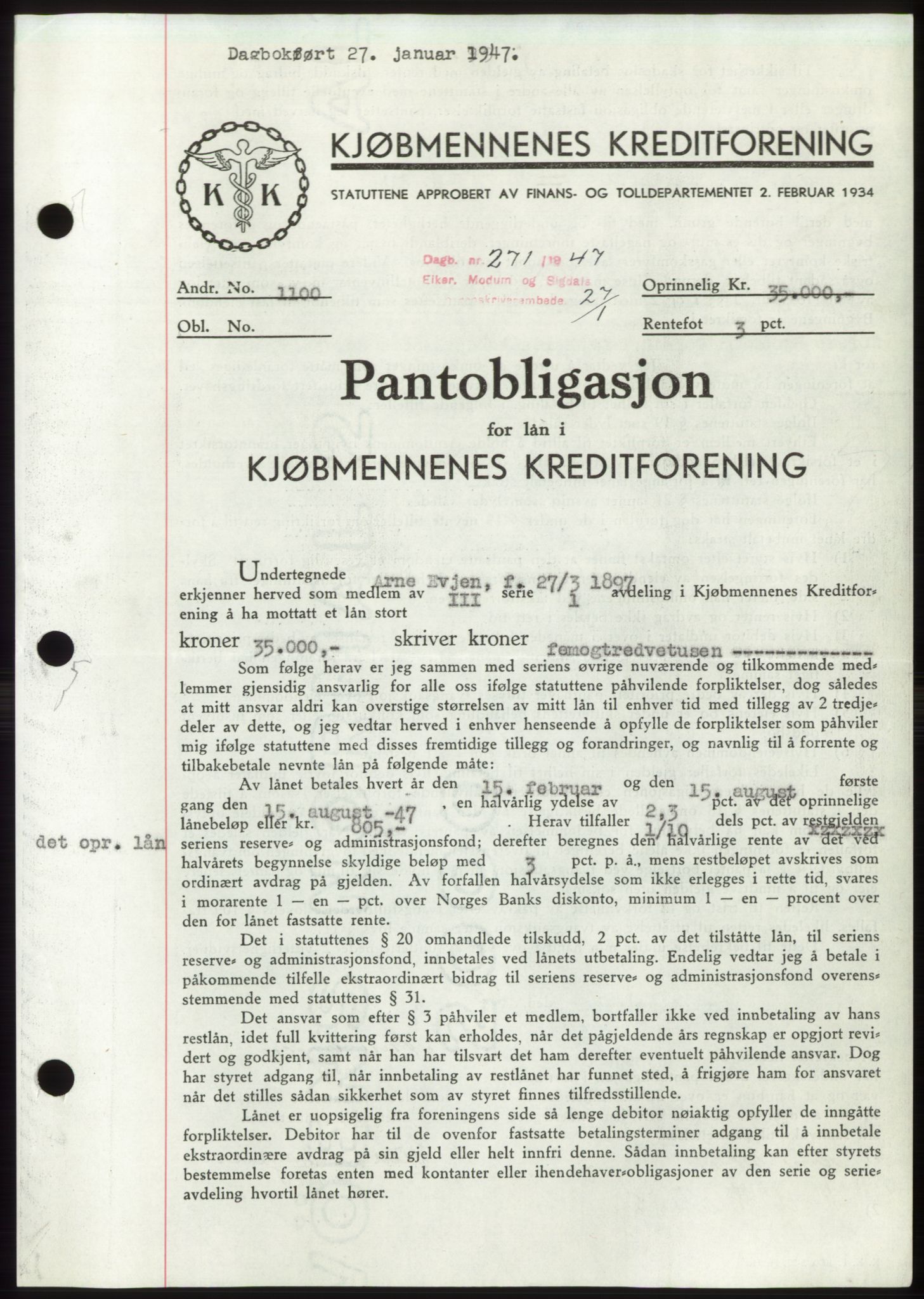 Eiker, Modum og Sigdal sorenskriveri, AV/SAKO-A-123/G/Ga/Gac/L0001: Mortgage book no. B1-2, 1946-1947, Diary no: : 271/1947