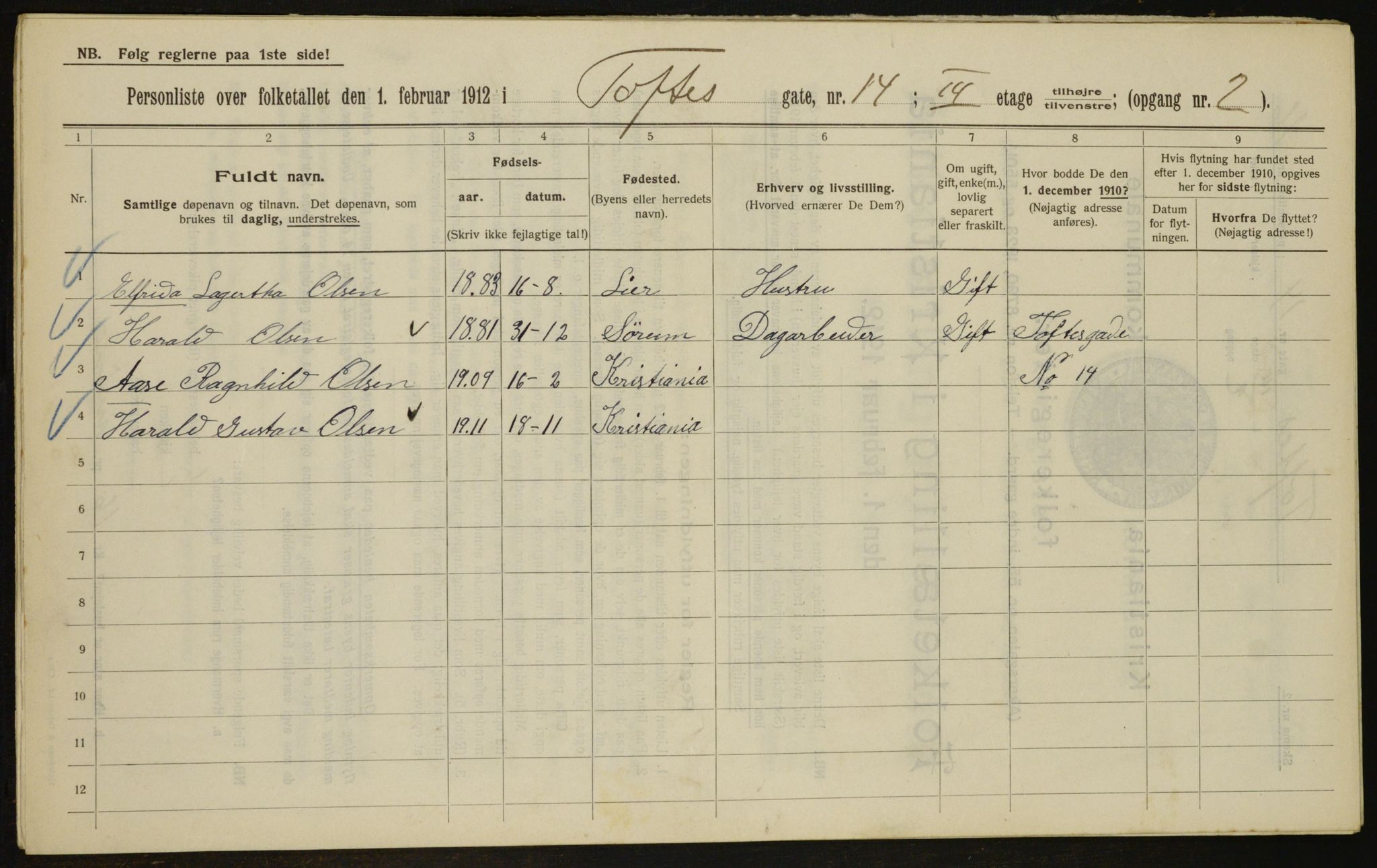 OBA, Municipal Census 1912 for Kristiania, 1912, p. 111534