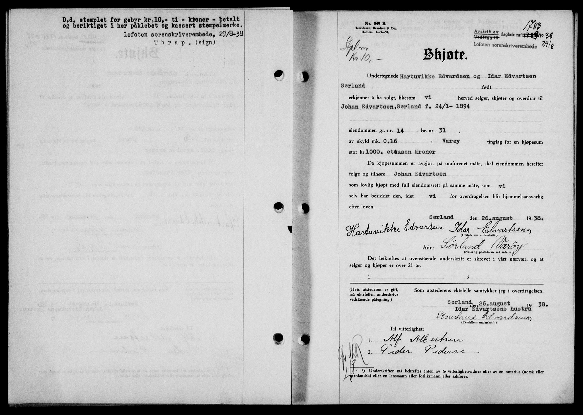 Lofoten sorenskriveri, SAT/A-0017/1/2/2C/L0004a: Mortgage book no. 4a, 1938-1938, Diary no: : 1783/1938